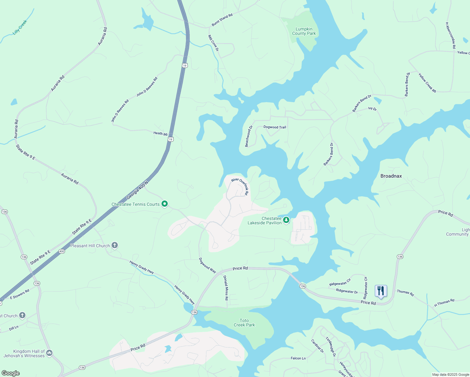 map of restaurants, bars, coffee shops, grocery stores, and more near 51 River Overlook Court in Dawsonville