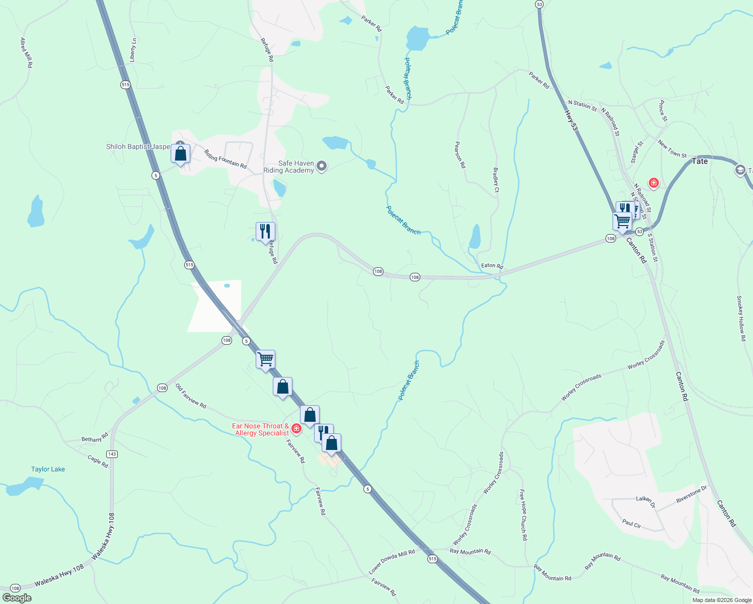 map of restaurants, bars, coffee shops, grocery stores, and more near 187 Refuge Valley Road in Jasper
