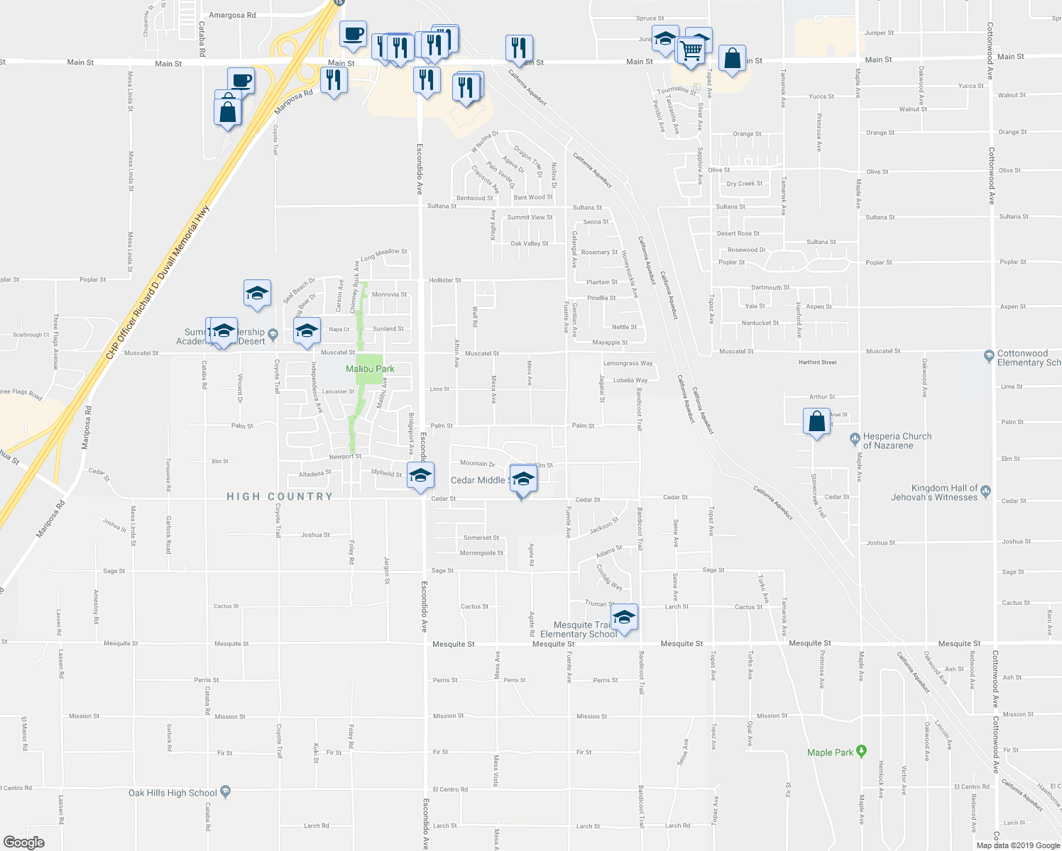 map of restaurants, bars, coffee shops, grocery stores, and more near 13589 Palm Street in Hesperia