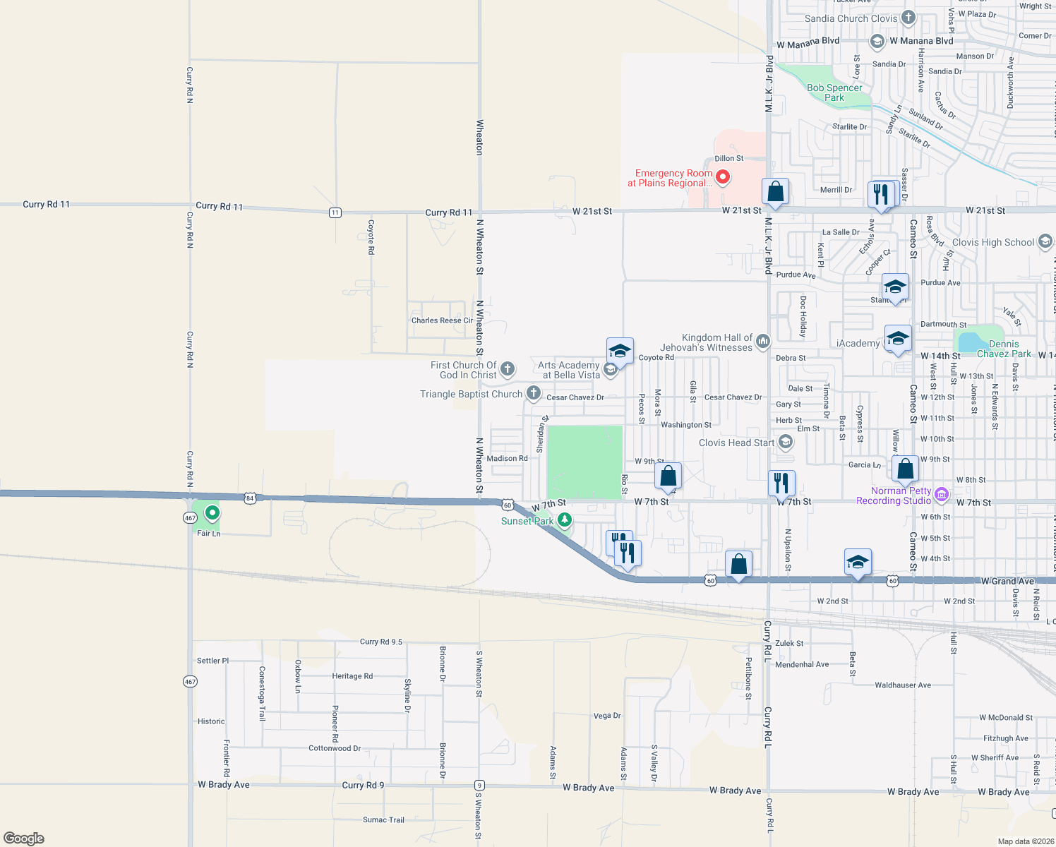 map of restaurants, bars, coffee shops, grocery stores, and more near 3405 Cesar Chavez Drive in Clovis