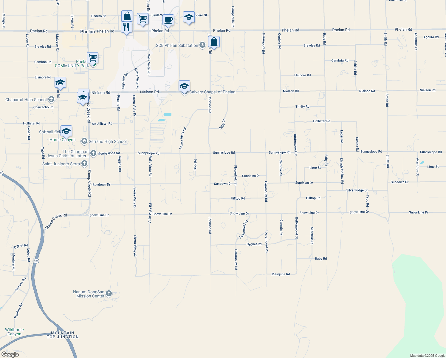 map of restaurants, bars, coffee shops, grocery stores, and more near 4949 Sundown Dr in Phelan