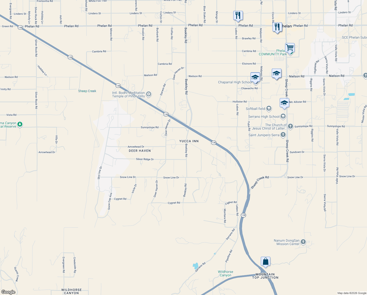 map of restaurants, bars, coffee shops, grocery stores, and more near 8728 Beekley Road in Pinon Hills