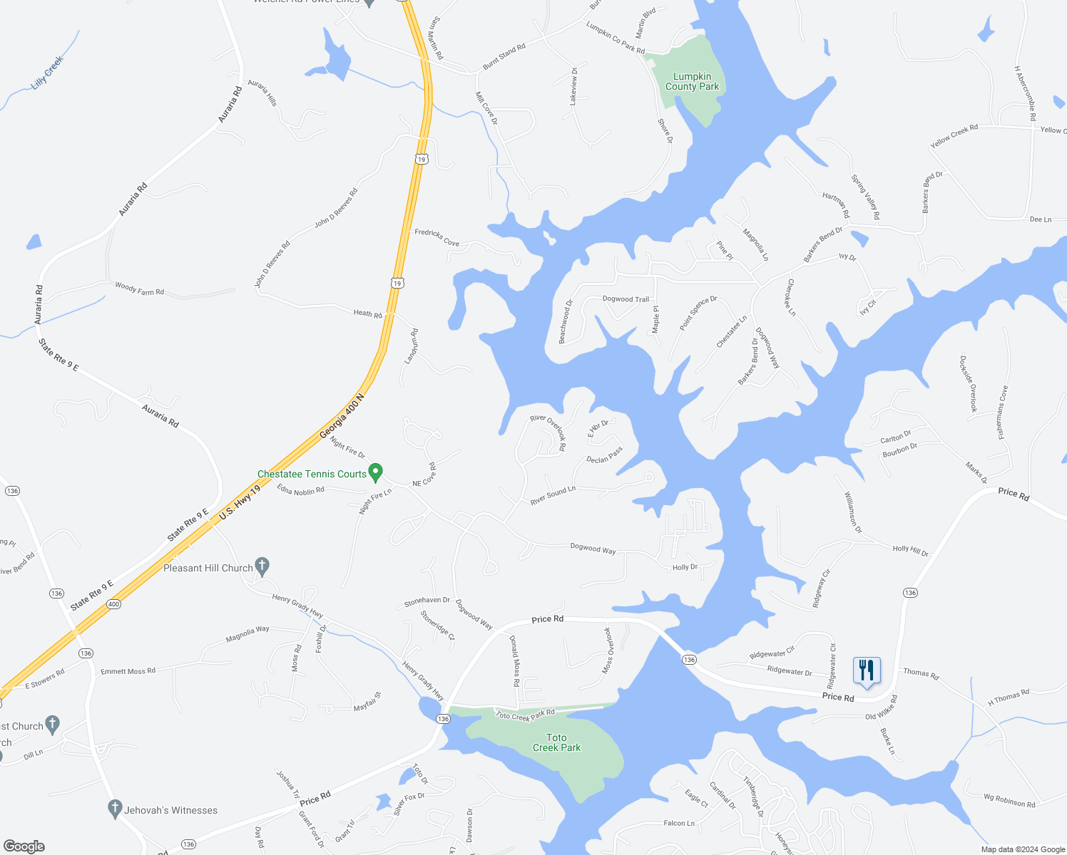 map of restaurants, bars, coffee shops, grocery stores, and more near 121 River Sound Alley in Dawsonville