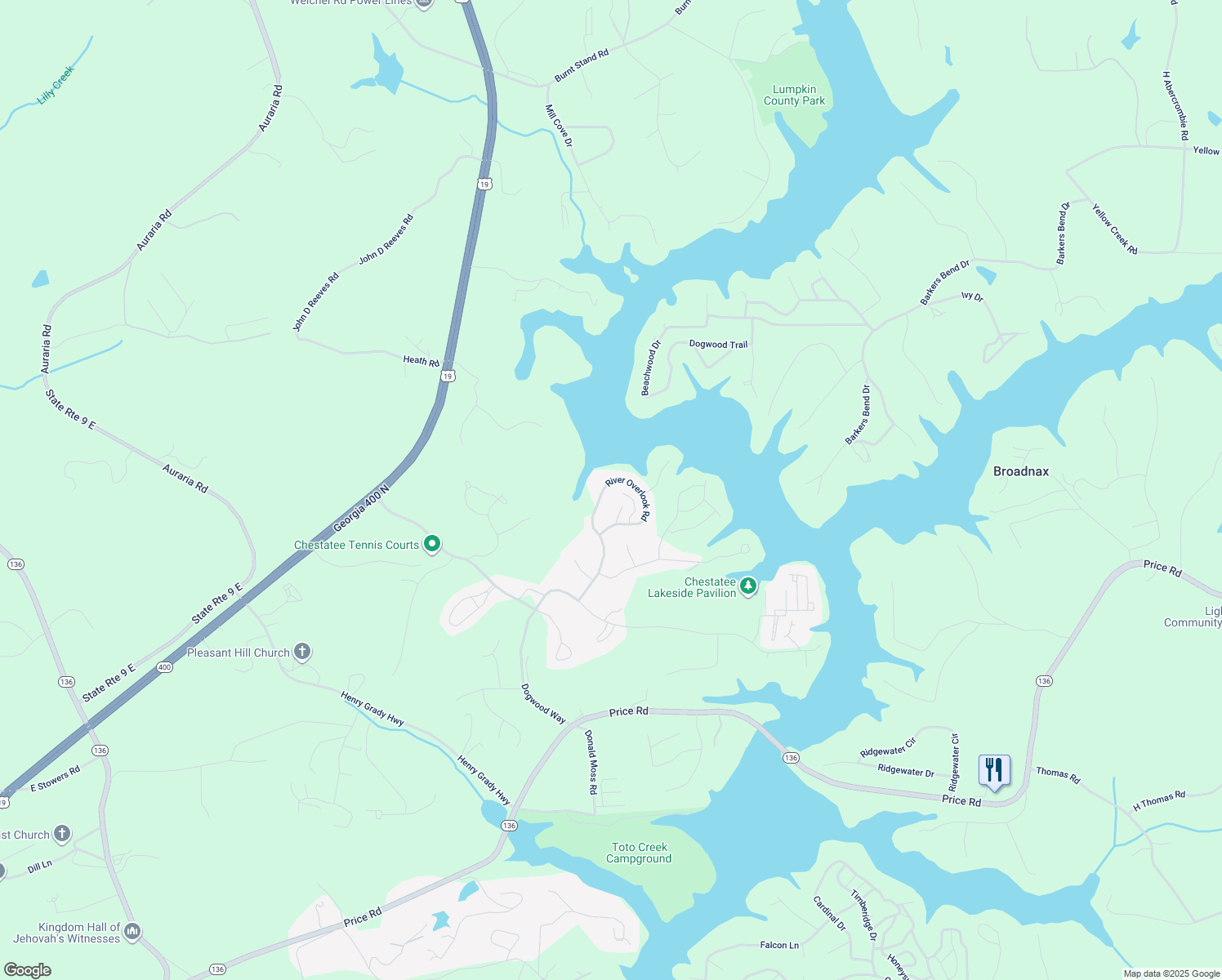 map of restaurants, bars, coffee shops, grocery stores, and more near 121 River Sound Alley in Dawsonville