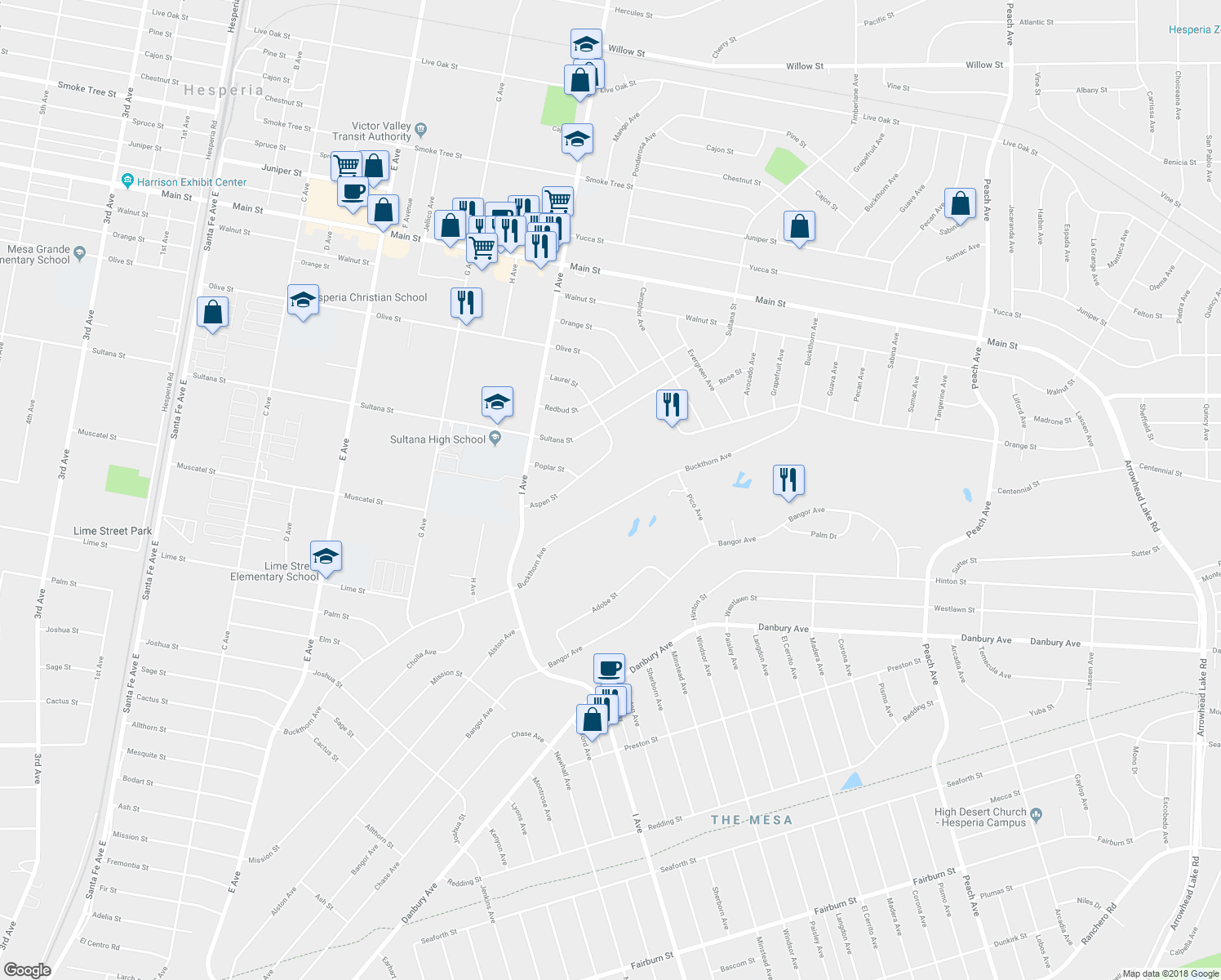 map of restaurants, bars, coffee shops, grocery stores, and more near 17550 Buckthorn Avenue in Hesperia