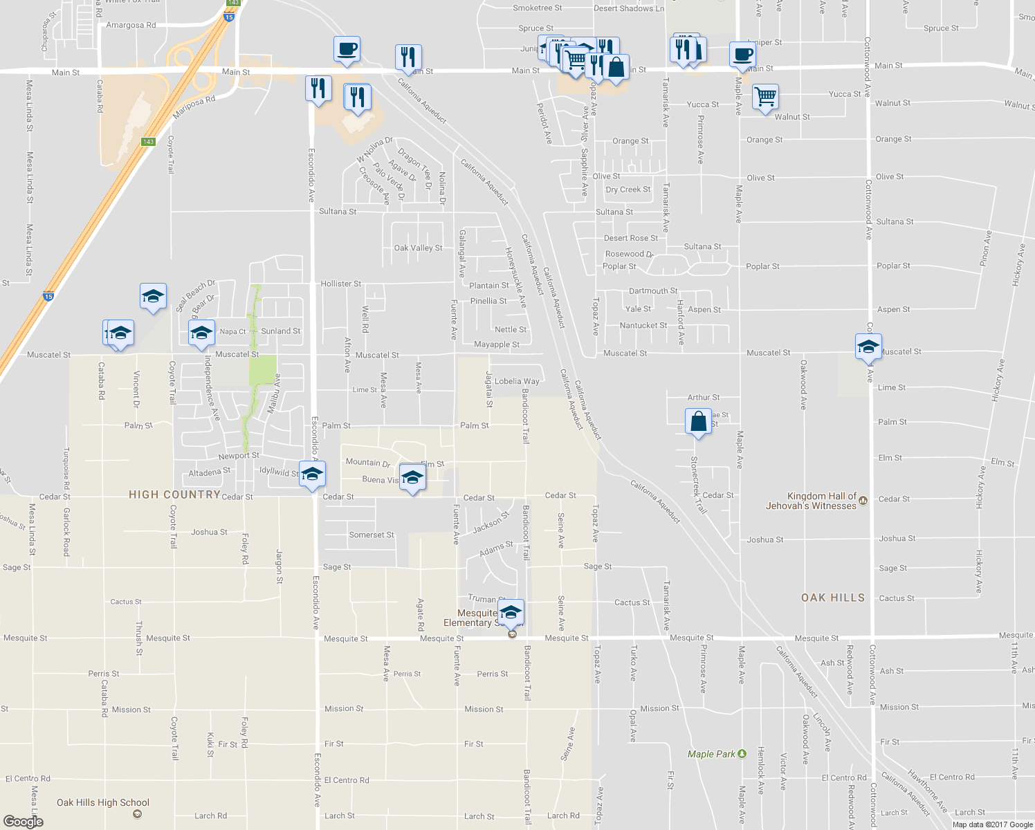 map of restaurants, bars, coffee shops, grocery stores, and more near 8722 Bandicoot Trail in Hesperia