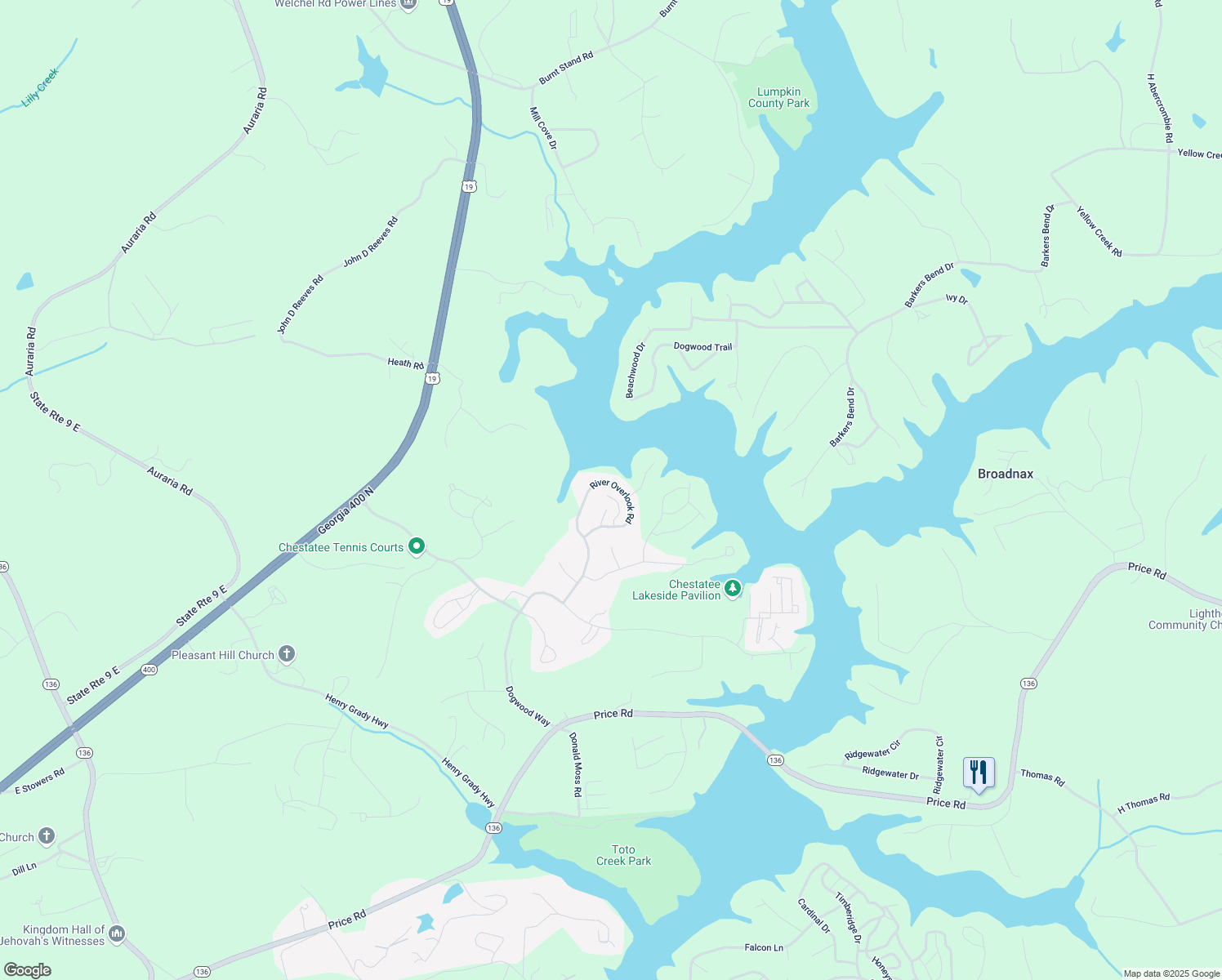 map of restaurants, bars, coffee shops, grocery stores, and more near 116 River Sound Alley in Dawsonville