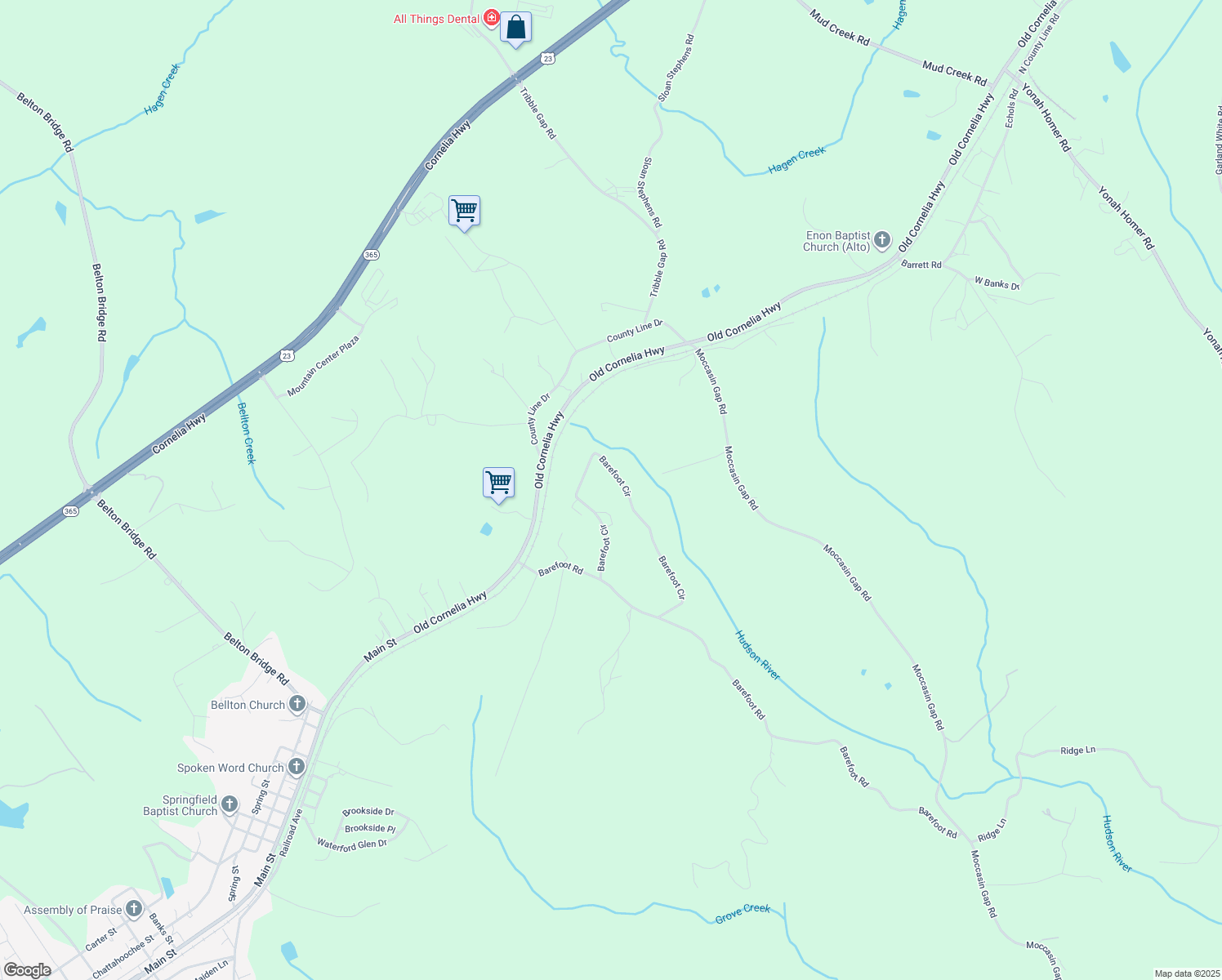 map of restaurants, bars, coffee shops, grocery stores, and more near 453 Barefoot Circle in Lula