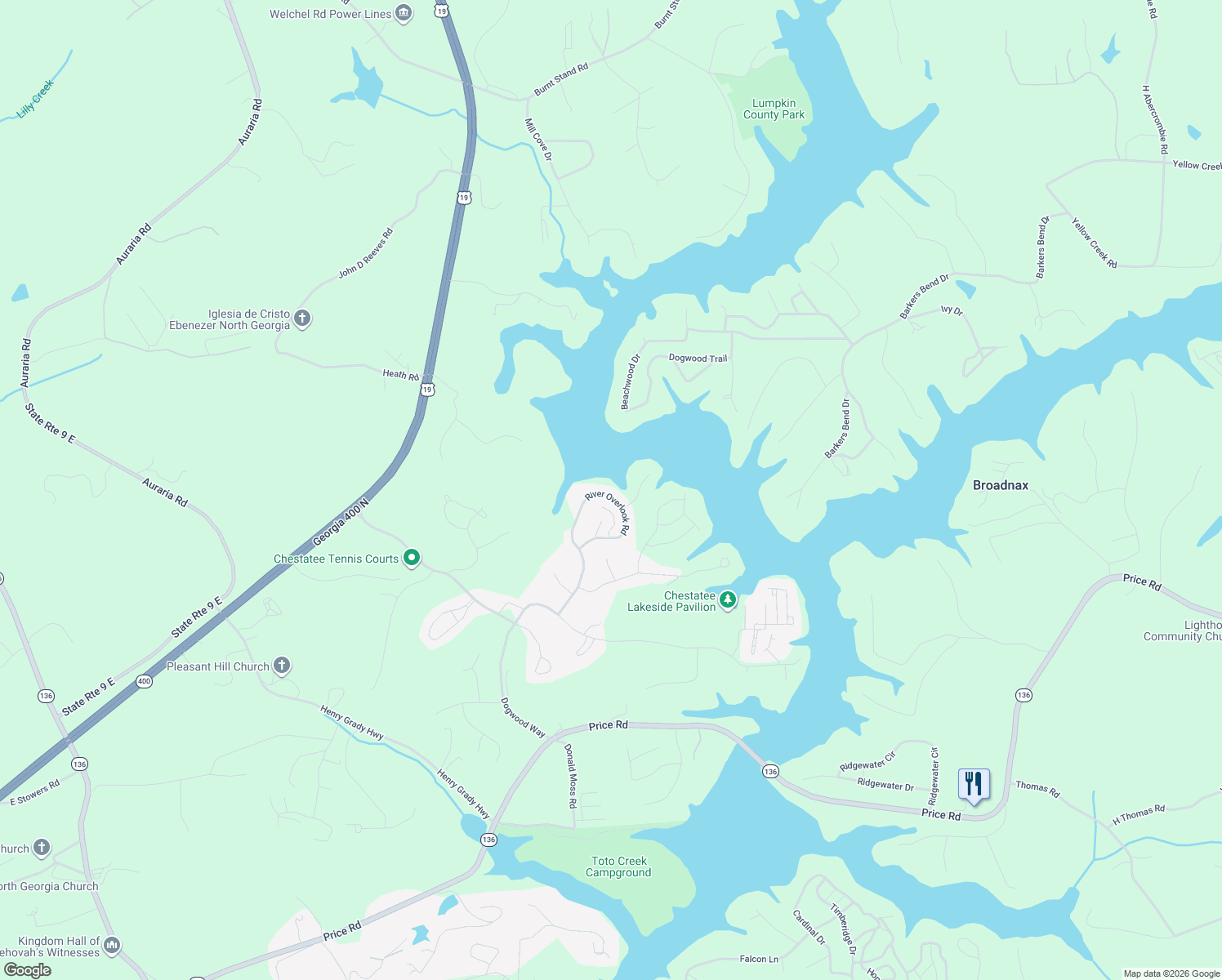 map of restaurants, bars, coffee shops, grocery stores, and more near 494 River Overlook Road in Dawsonville