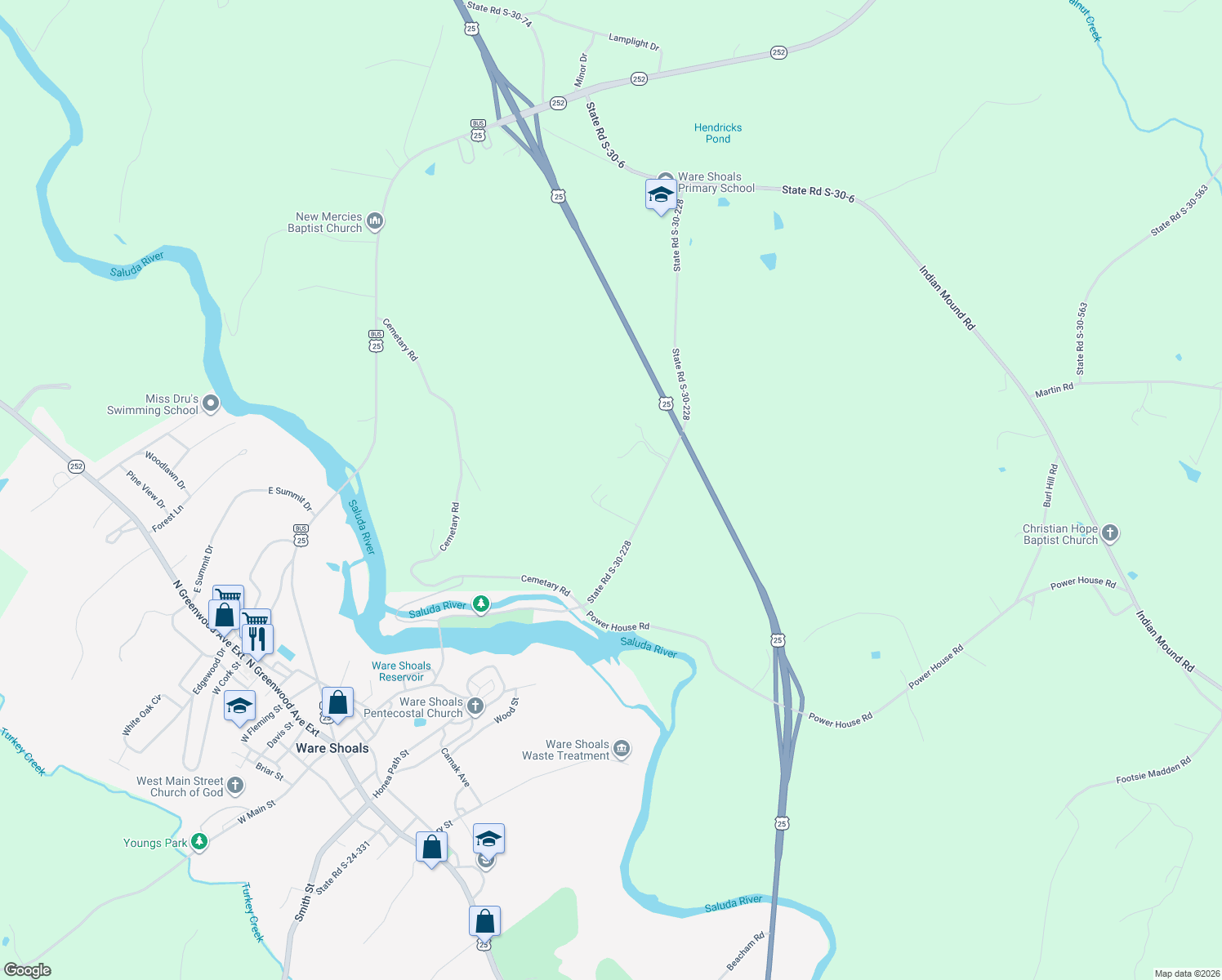 map of restaurants, bars, coffee shops, grocery stores, and more near 126 Tannoy Drive in Ware Shoals
