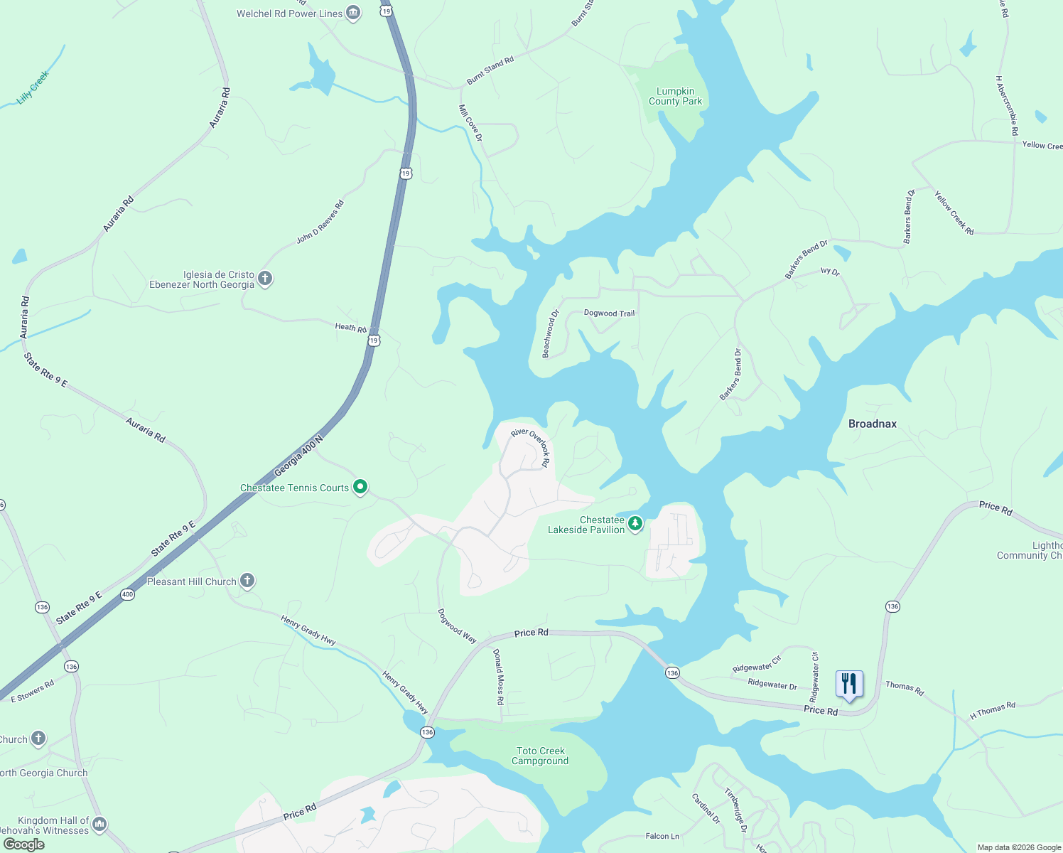map of restaurants, bars, coffee shops, grocery stores, and more near 494 River Overlook Road in Dawsonville
