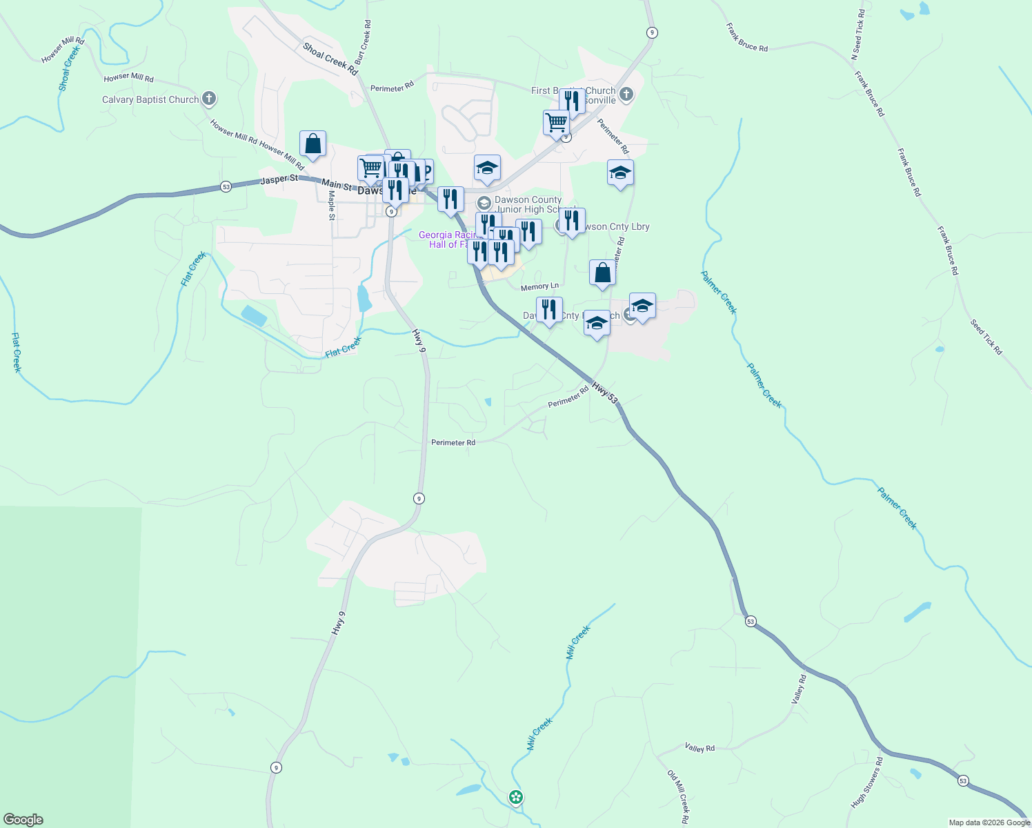 map of restaurants, bars, coffee shops, grocery stores, and more near 2120 Perimeter Road in Dawsonville
