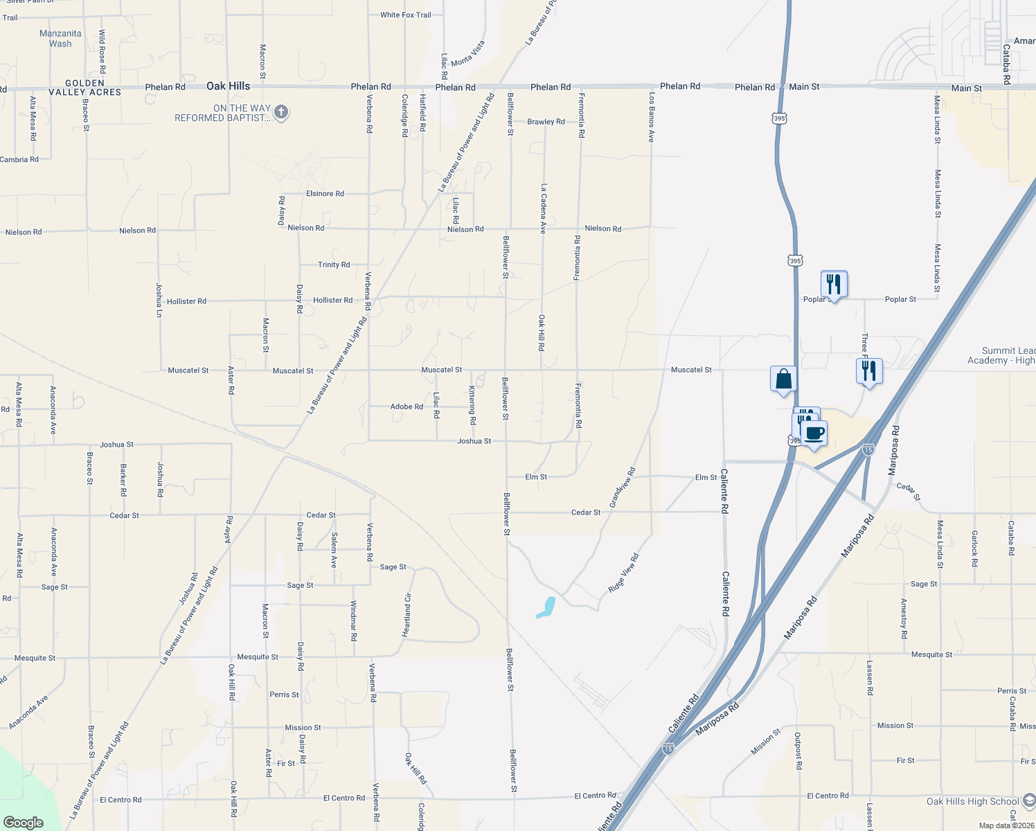 map of restaurants, bars, coffee shops, grocery stores, and more near 8787 Bellflower Street in Hesperia