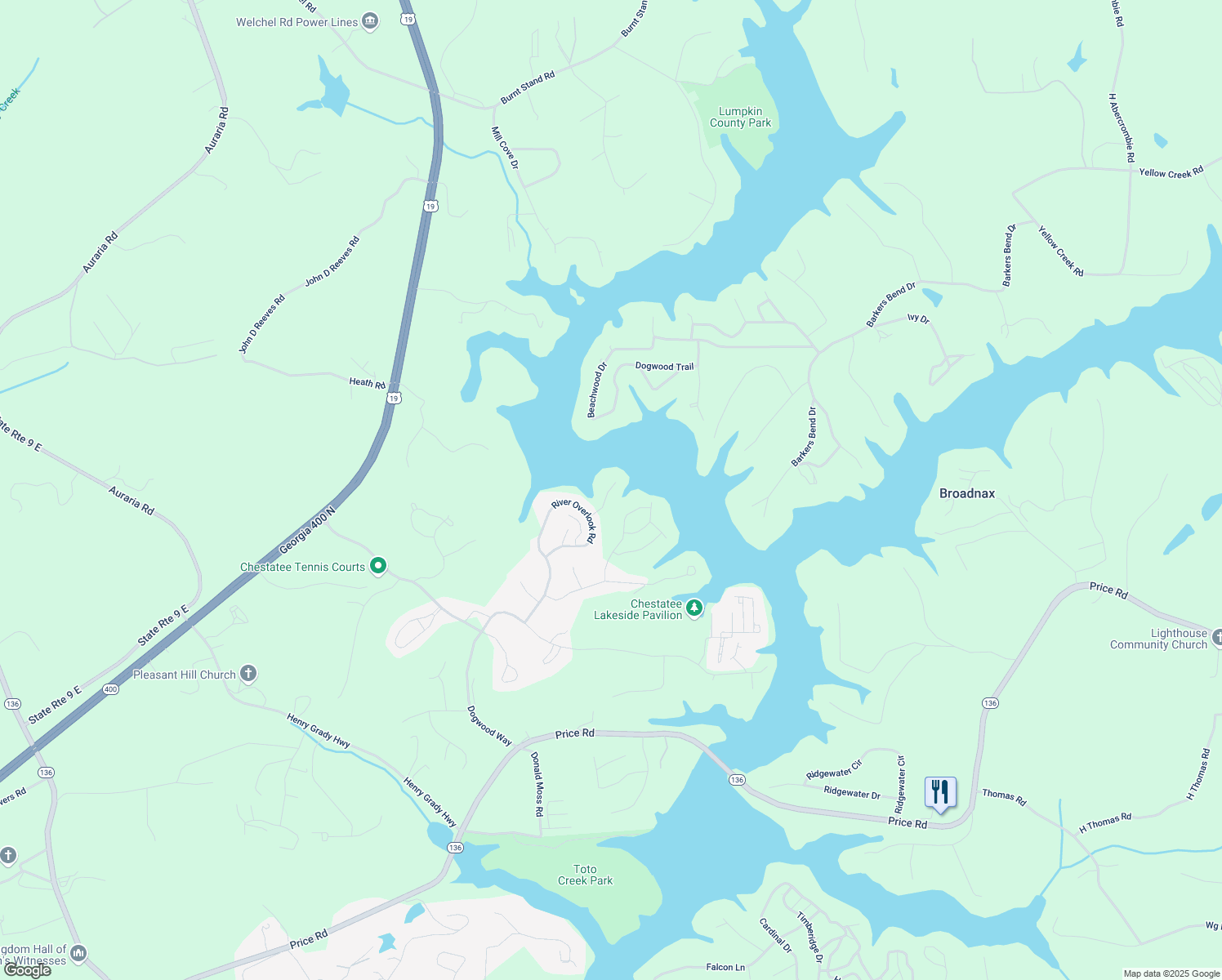 map of restaurants, bars, coffee shops, grocery stores, and more near 110 Peninsula Way in Dawsonville