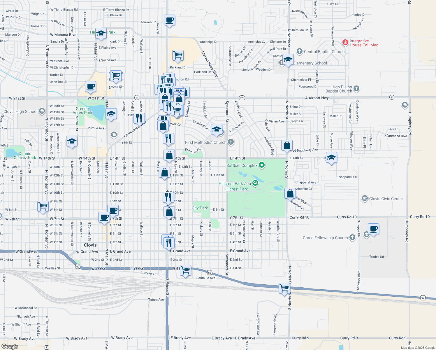 map of restaurants, bars, coffee shops, grocery stores, and more near 1399 E 12th St in Clovis