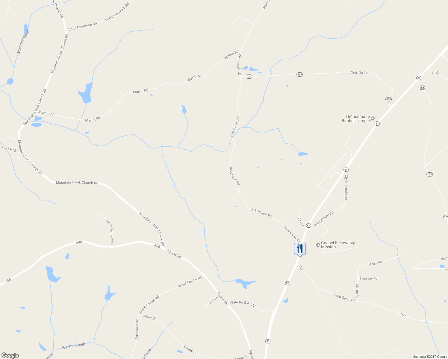 map of restaurants, bars, coffee shops, grocery stores, and more near 427 Stevenson Rd in Starr