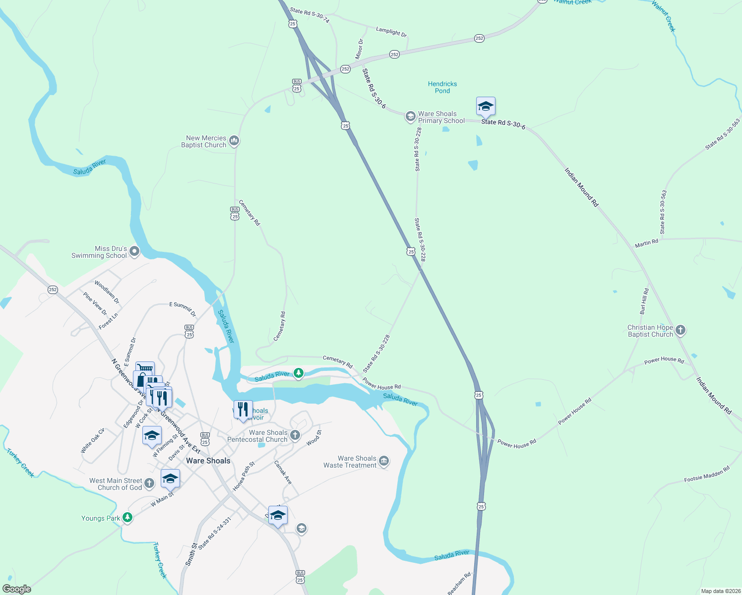 map of restaurants, bars, coffee shops, grocery stores, and more near 126 Tannoy Drive in Ware Shoals