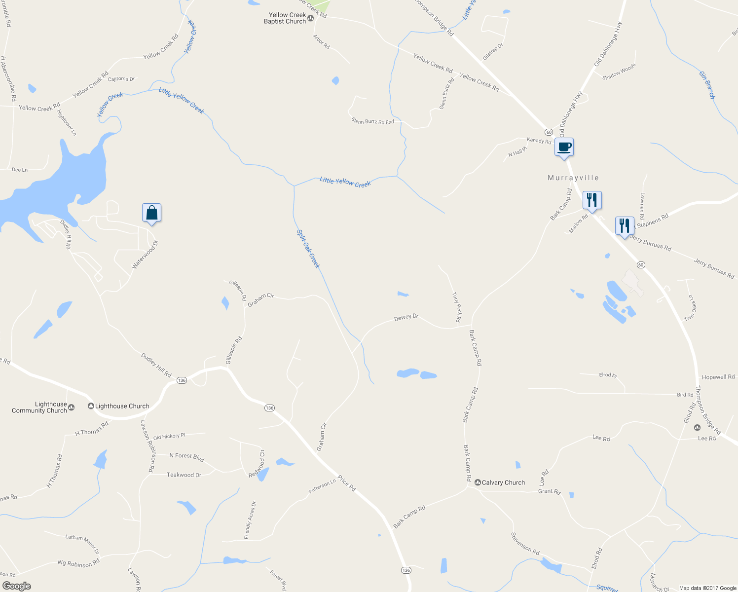 map of restaurants, bars, coffee shops, grocery stores, and more near 5072 Graham Circle in Gainesville