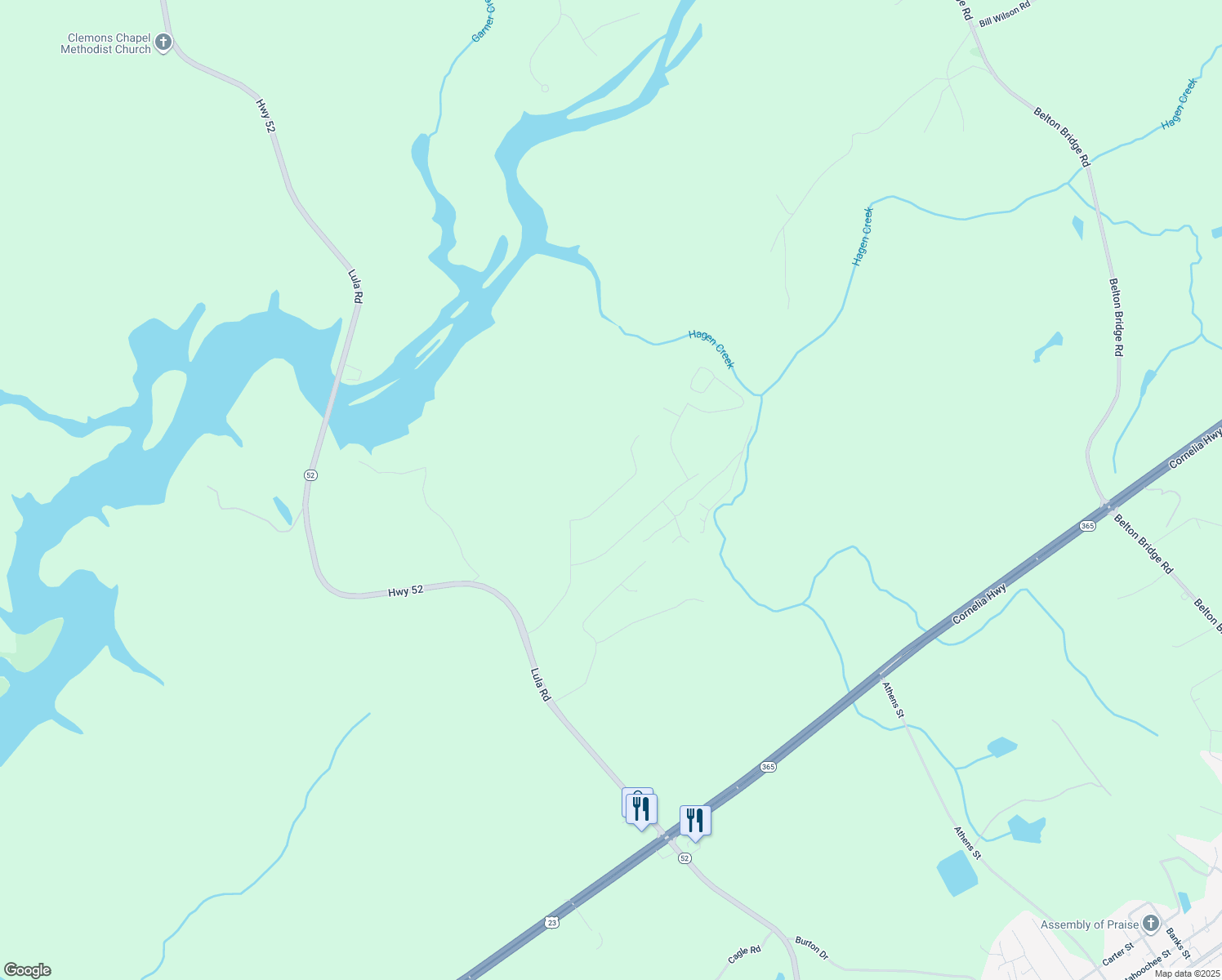 map of restaurants, bars, coffee shops, grocery stores, and more near 6555 River Station Dr in Lula