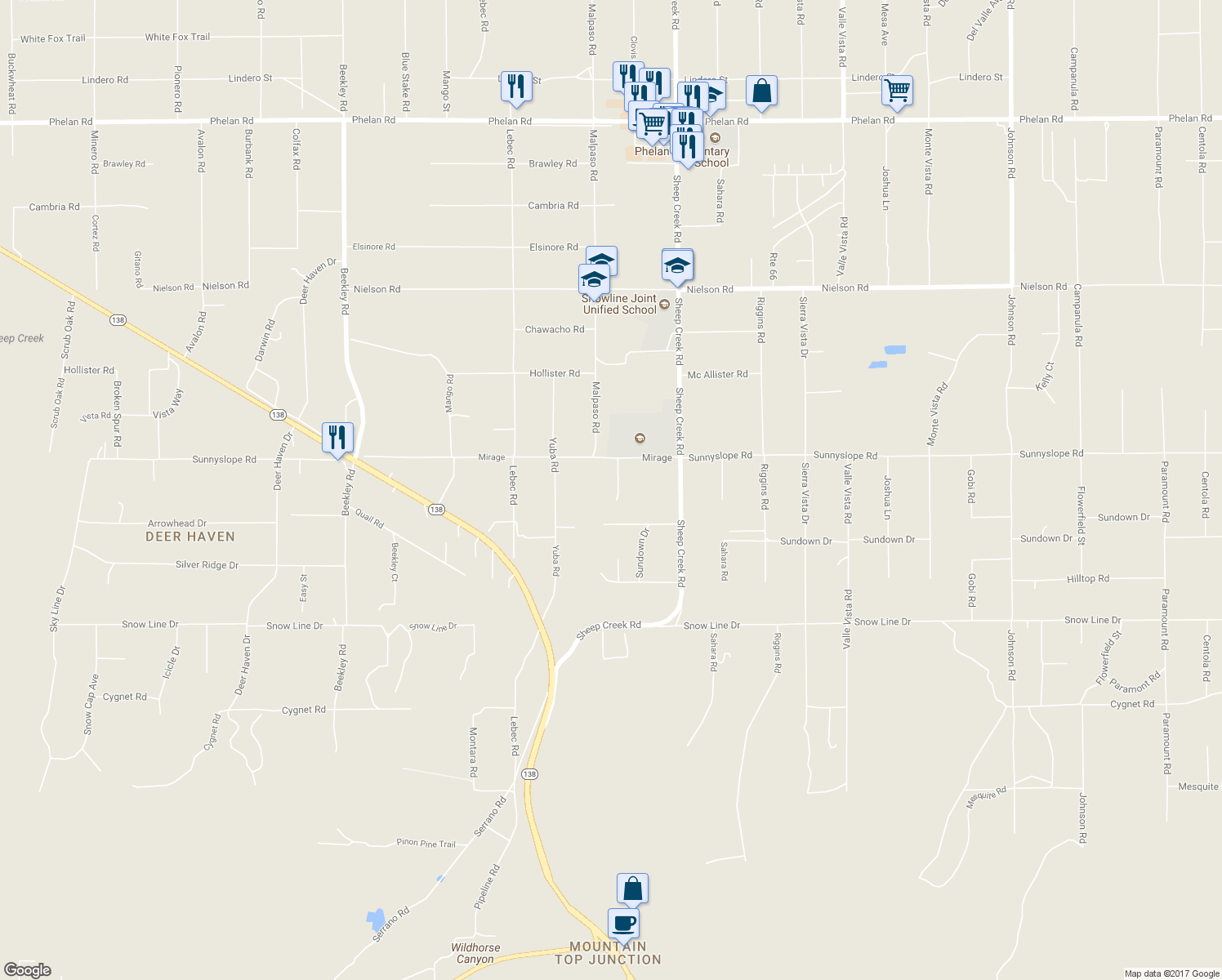 map of restaurants, bars, coffee shops, grocery stores, and more near 8837 Malpaso Road in Phelan