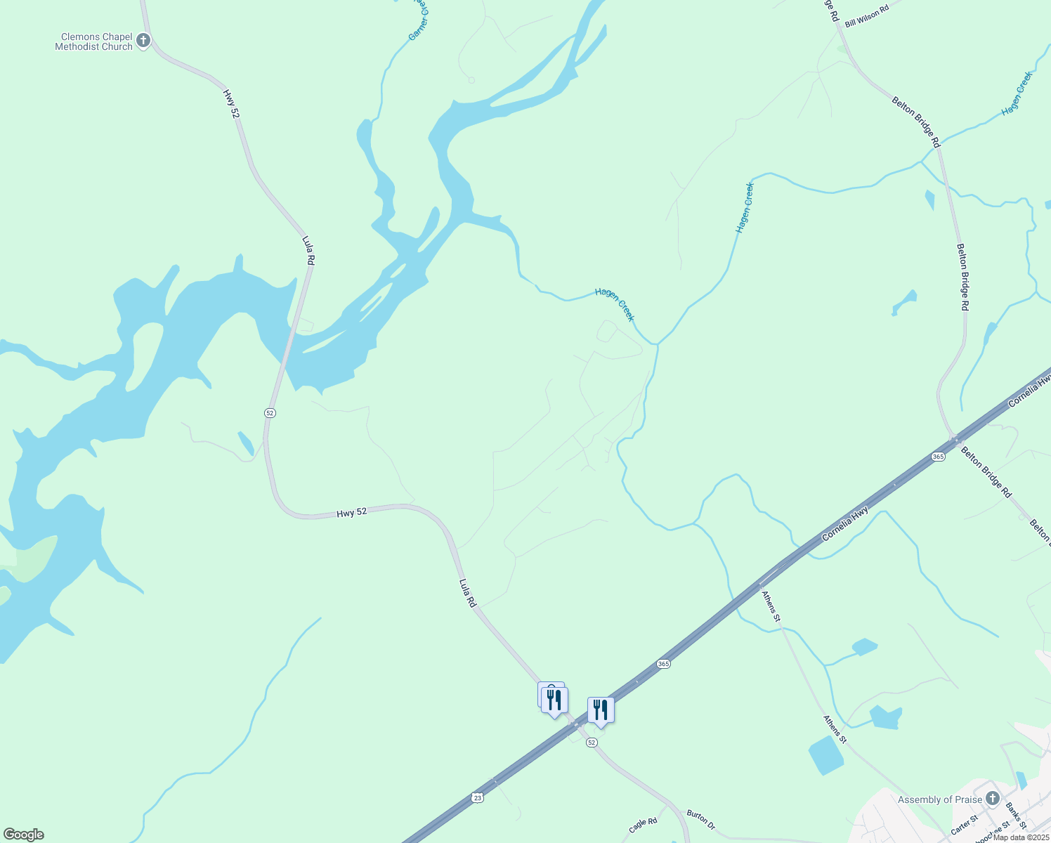 map of restaurants, bars, coffee shops, grocery stores, and more near 6555 River Station Dr in Lula