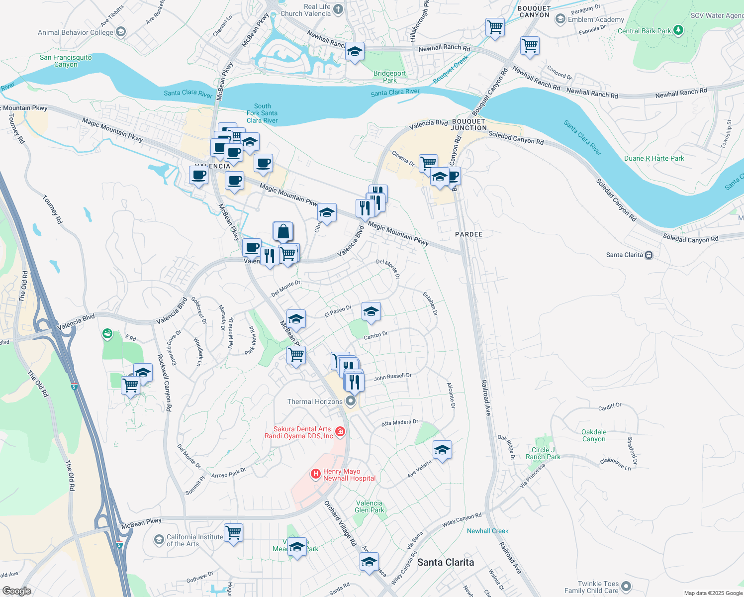 map of restaurants, bars, coffee shops, grocery stores, and more near 26052 Tampico Drive in Santa Clarita