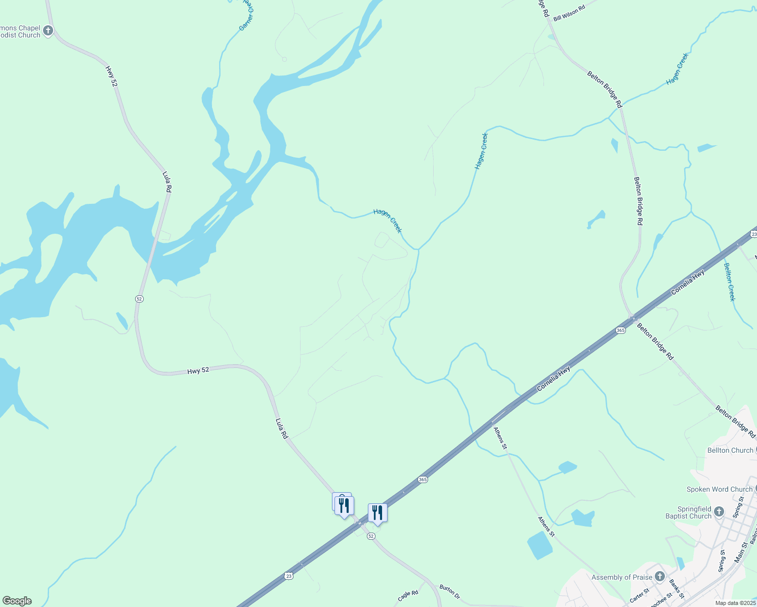 map of restaurants, bars, coffee shops, grocery stores, and more near 6414 Woodland Station Drive in Lula
