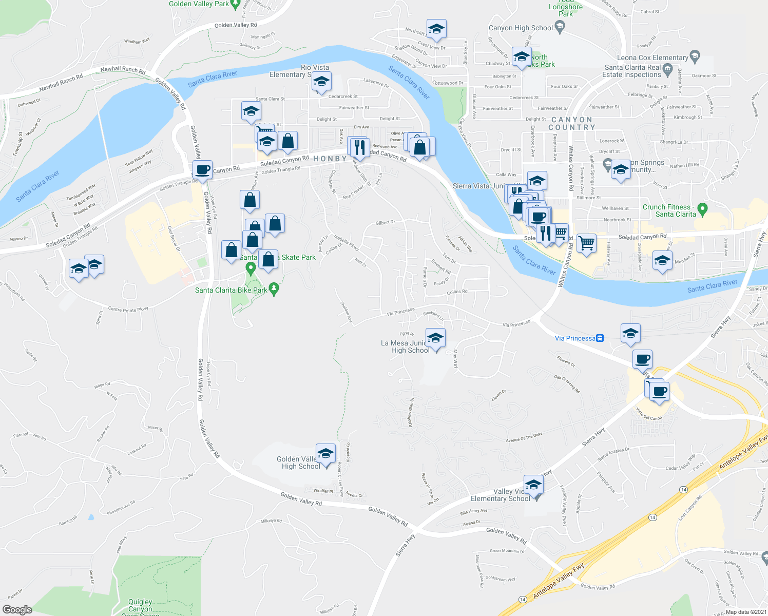 map of restaurants, bars, coffee shops, grocery stores, and more near 26506 Isabella Parkway in Santa Clarita