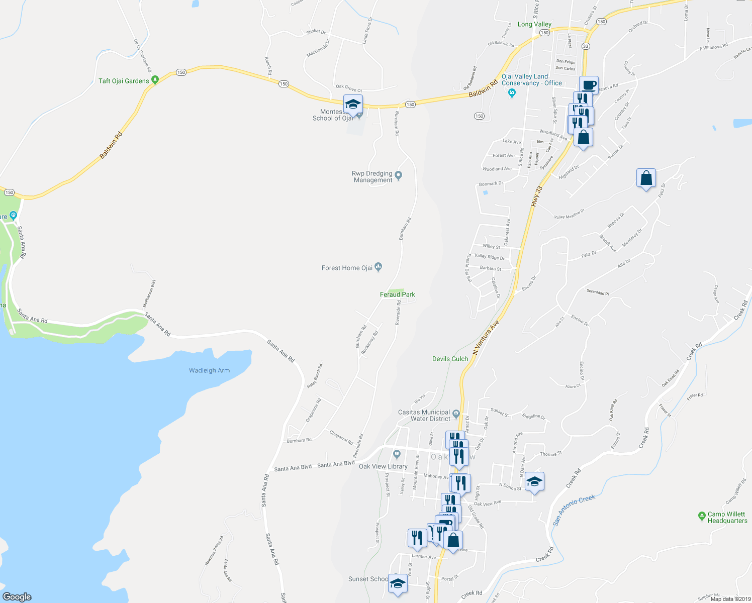 map of restaurants, bars, coffee shops, grocery stores, and more near 543 Burnham Road in Oak View