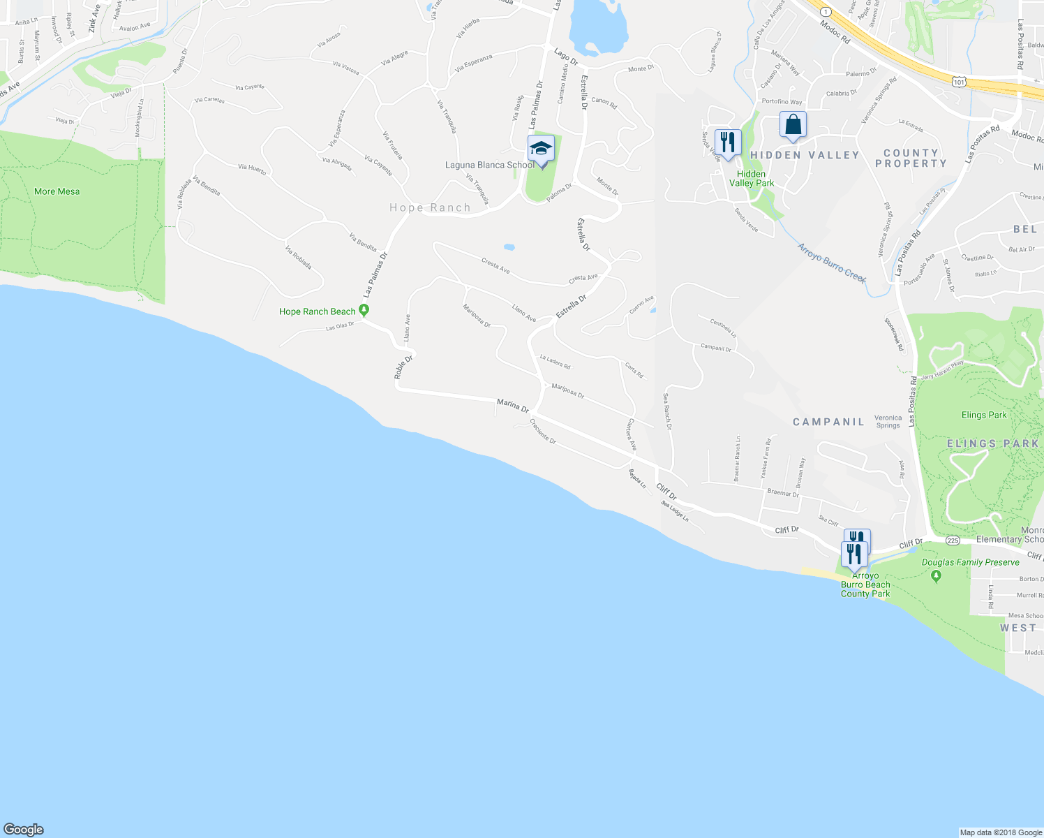 map of restaurants, bars, coffee shops, grocery stores, and more near 4191 Creciente Drive in Santa Barbara