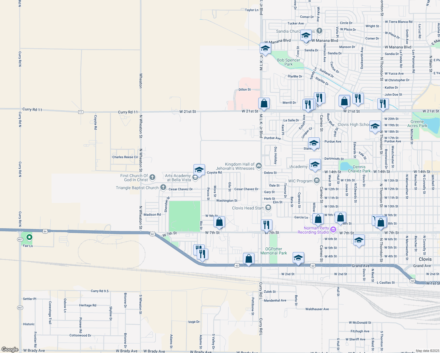 map of restaurants, bars, coffee shops, grocery stores, and more near 1308 Hondo Street in Clovis