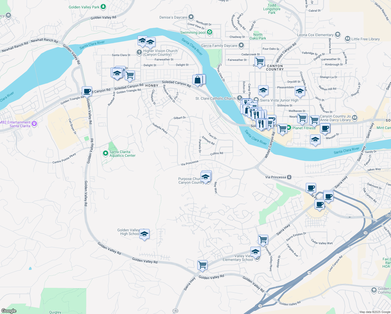 map of restaurants, bars, coffee shops, grocery stores, and more near 26612 Redstart Court in Santa Clarita