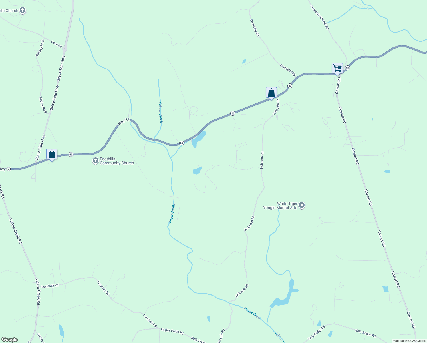 map of restaurants, bars, coffee shops, grocery stores, and more near 410 Biddys Lane in Dawsonville