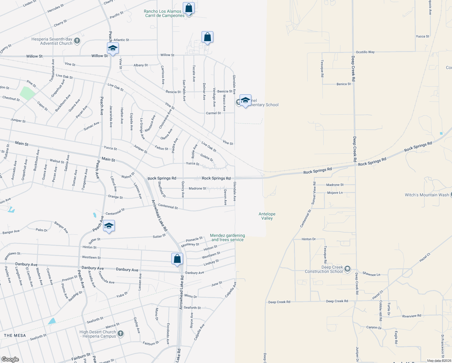 map of restaurants, bars, coffee shops, grocery stores, and more near 19237 Rocksprings Road in Hesperia