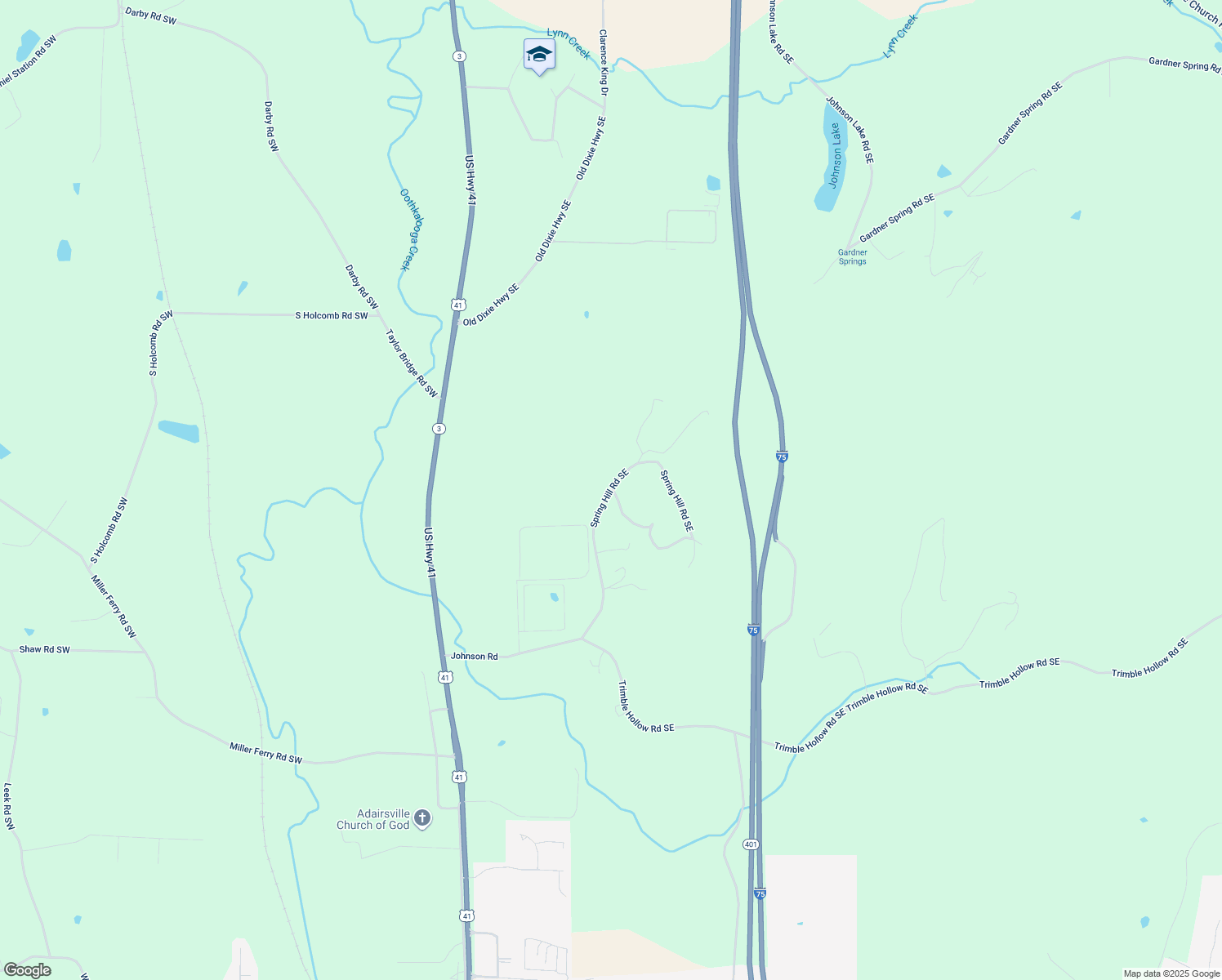 map of restaurants, bars, coffee shops, grocery stores, and more near 448 Spring Hill Road Southeast in Adairsville