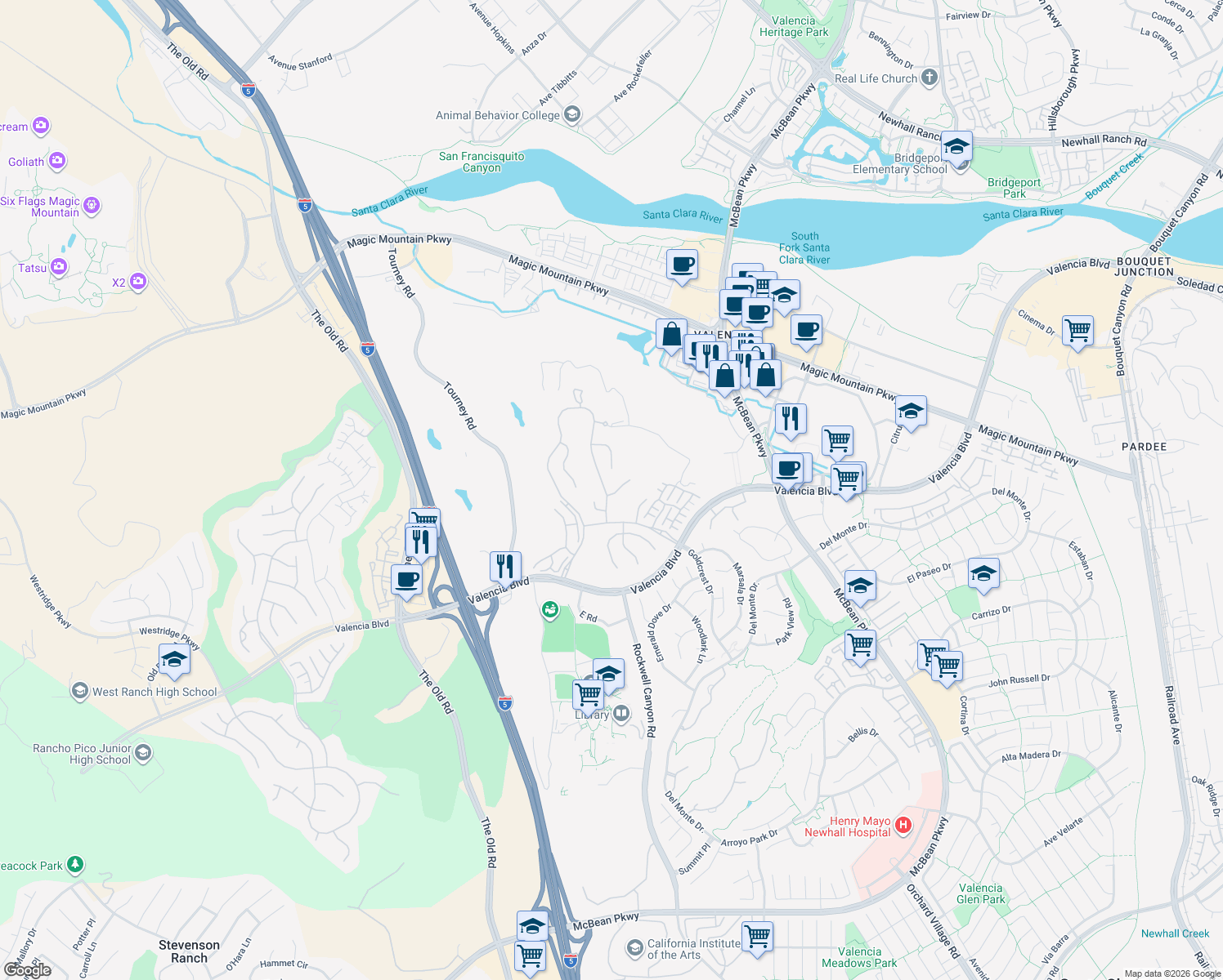 map of restaurants, bars, coffee shops, grocery stores, and more near 26910 Mirasol Street in Santa Clarita