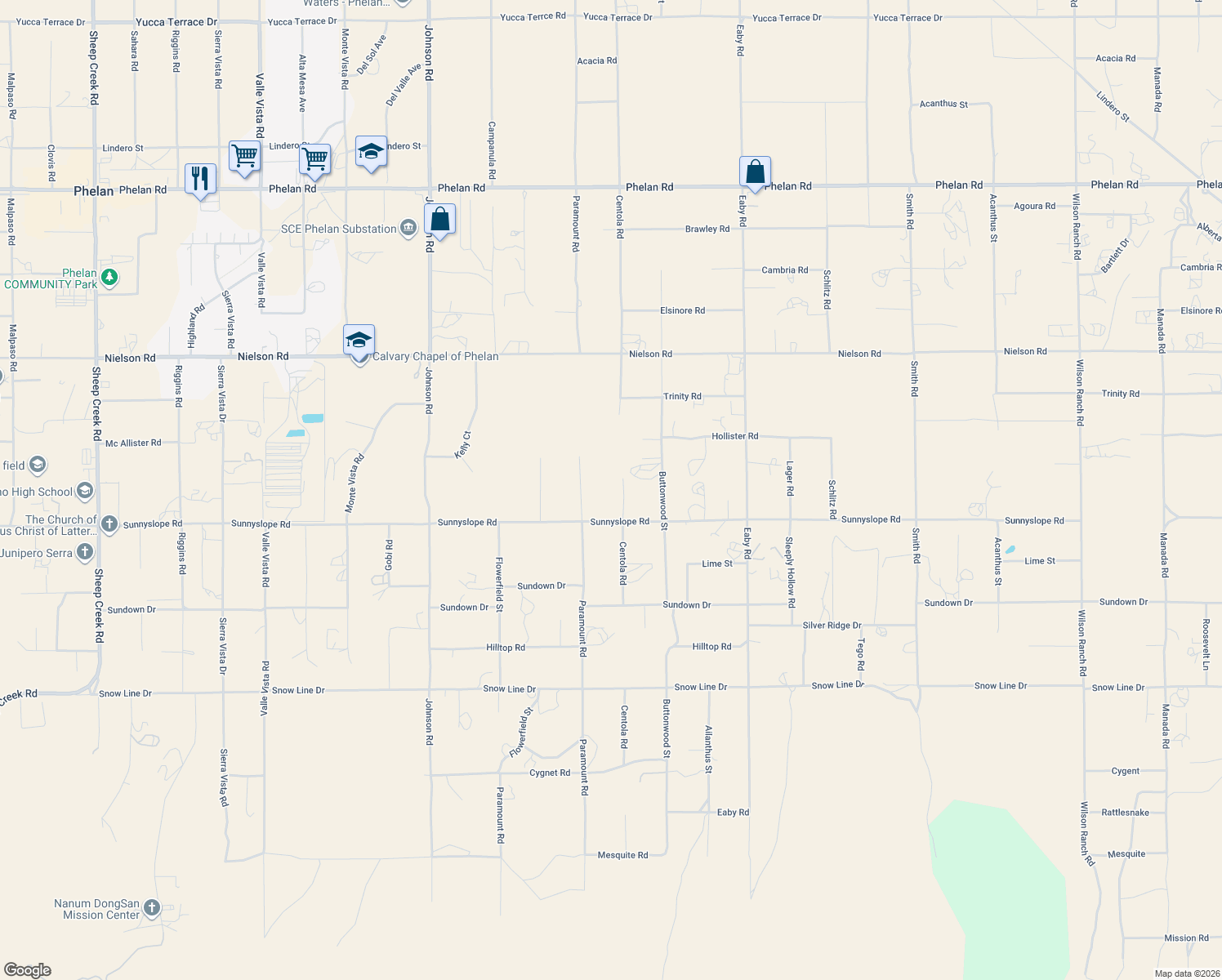 map of restaurants, bars, coffee shops, grocery stores, and more near 8982 Centola Road in Phelan