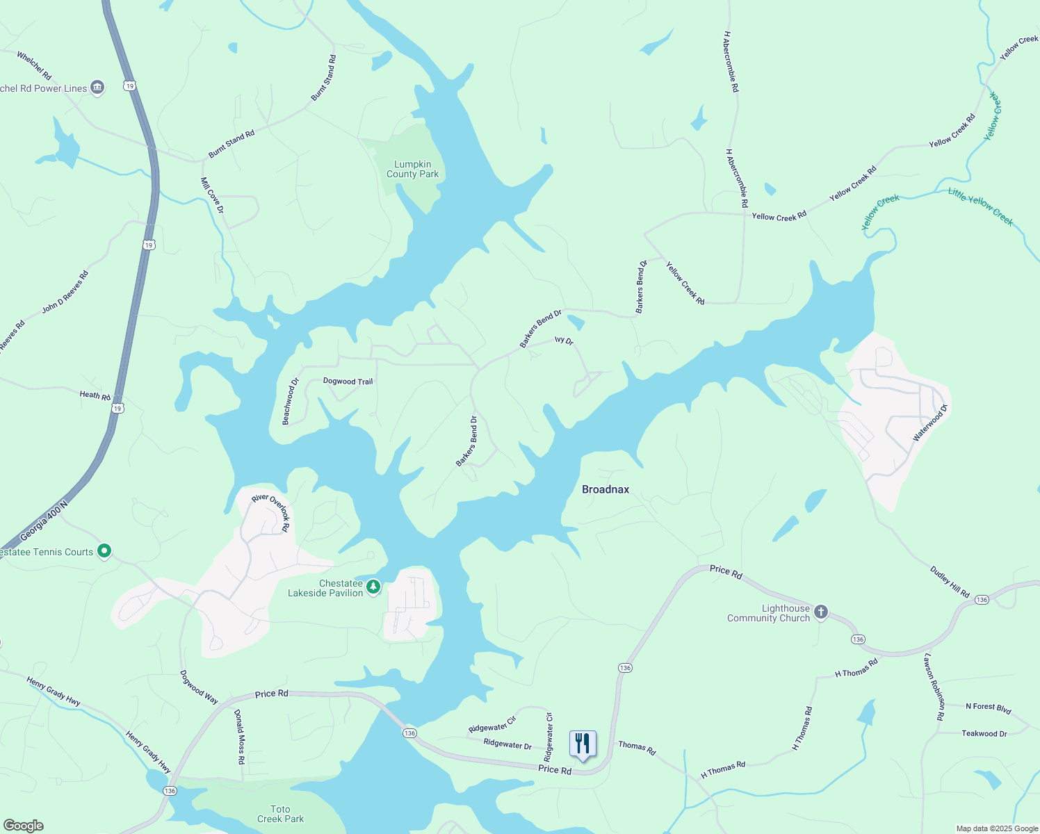 map of restaurants, bars, coffee shops, grocery stores, and more near 7364 Cherokee Lane in Murrayville