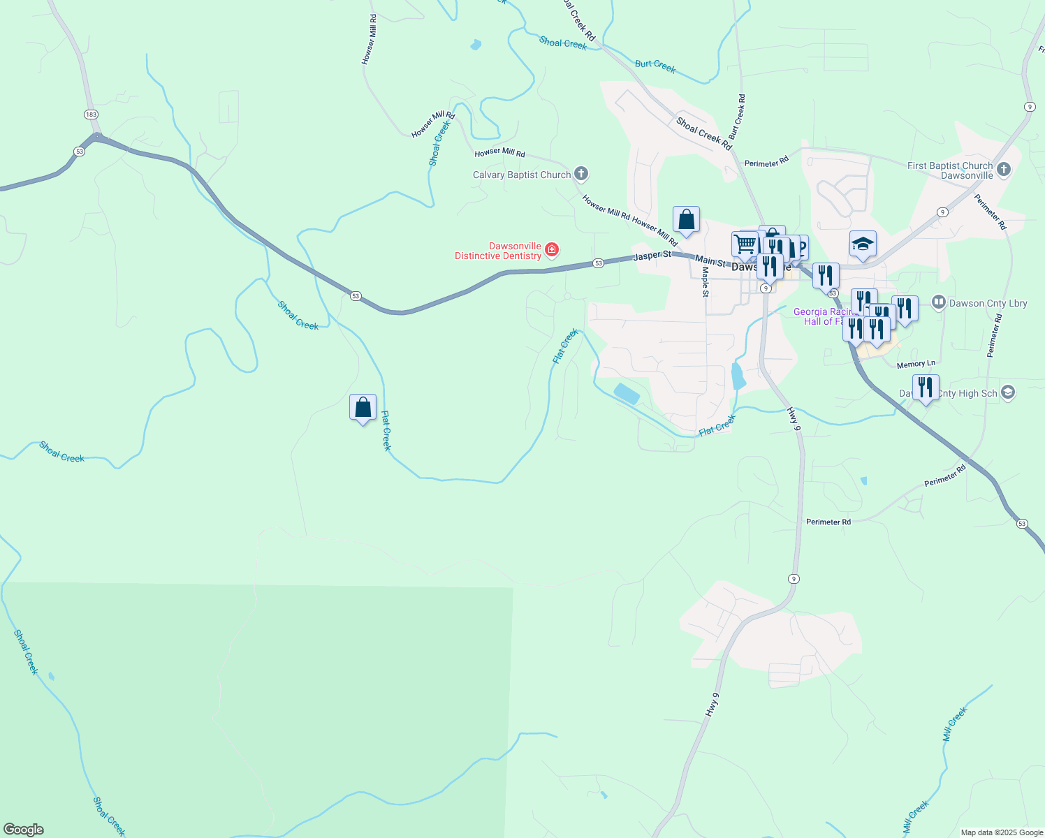 map of restaurants, bars, coffee shops, grocery stores, and more near 434 Flowing Trail in Dawsonville