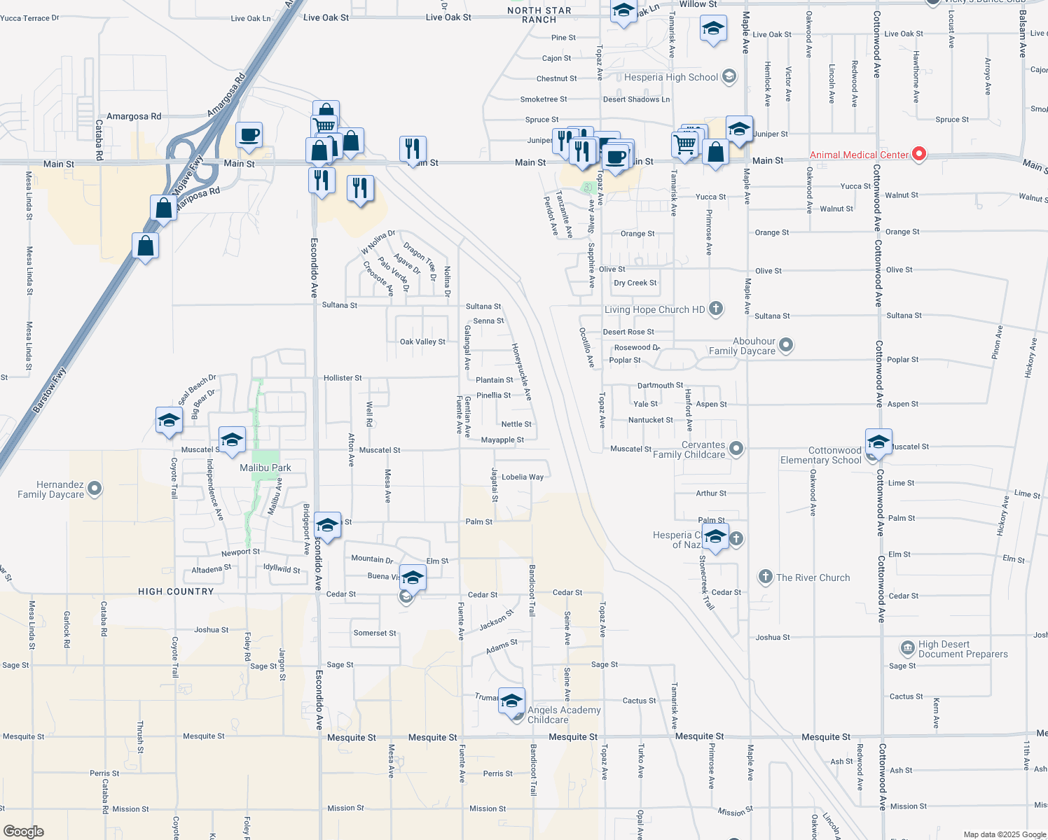 map of restaurants, bars, coffee shops, grocery stores, and more near 13924 Nettle St in Hesperia