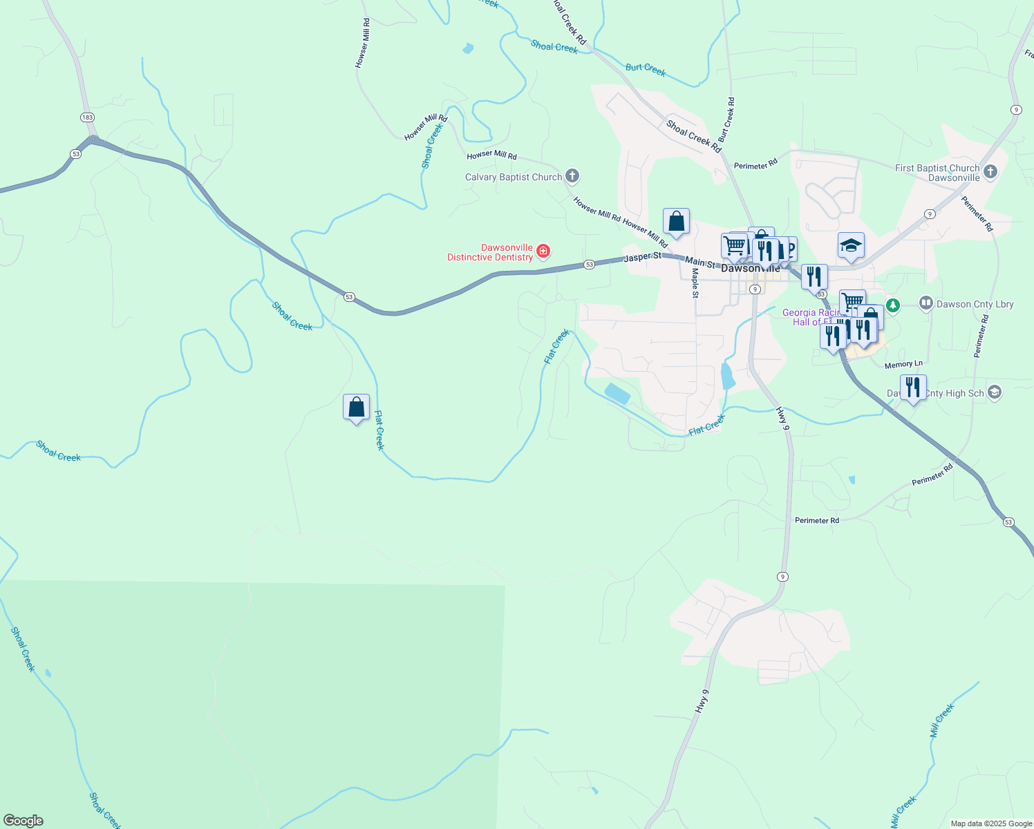 map of restaurants, bars, coffee shops, grocery stores, and more near 434 Flowing Trail in Dawsonville