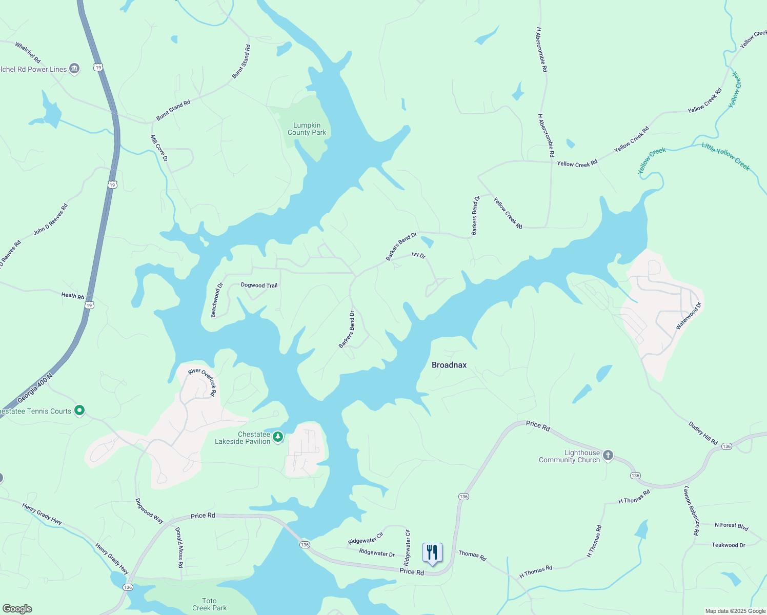 map of restaurants, bars, coffee shops, grocery stores, and more near 7356 Cherokee Lane in Murrayville