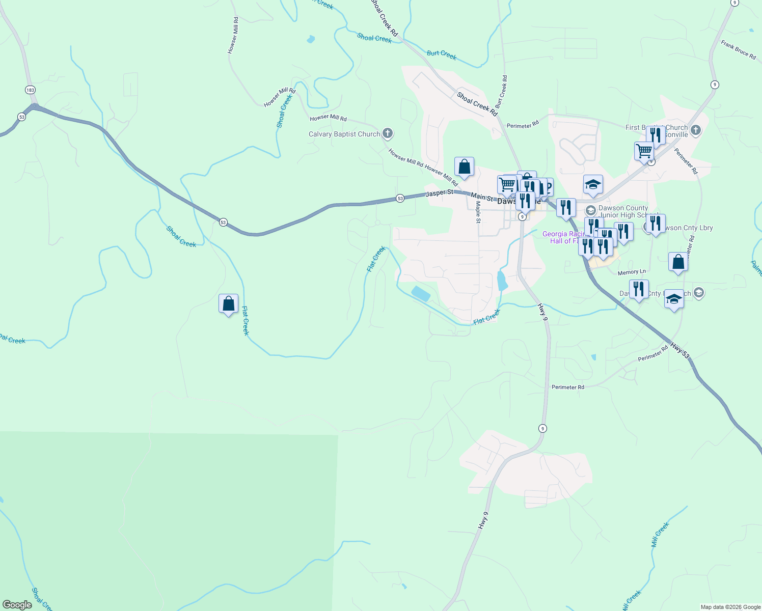map of restaurants, bars, coffee shops, grocery stores, and more near 91 West Hightower Drive in Dawsonville