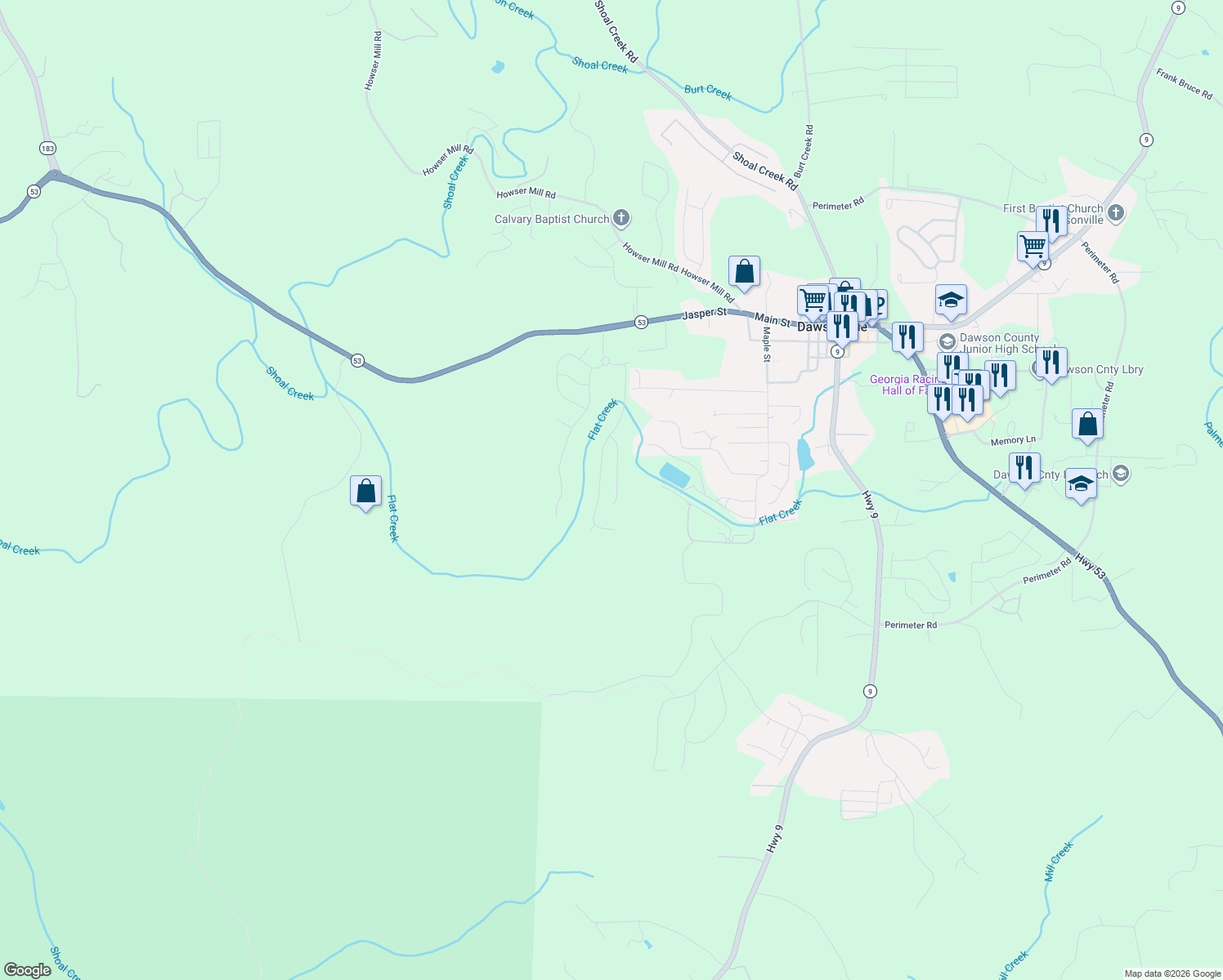 map of restaurants, bars, coffee shops, grocery stores, and more near 91 West Hightower Drive in Dawsonville