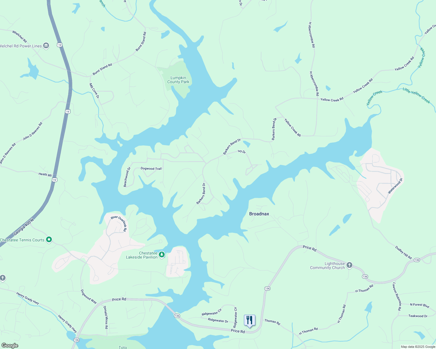 map of restaurants, bars, coffee shops, grocery stores, and more near 7356 Cherokee Lane in Murrayville