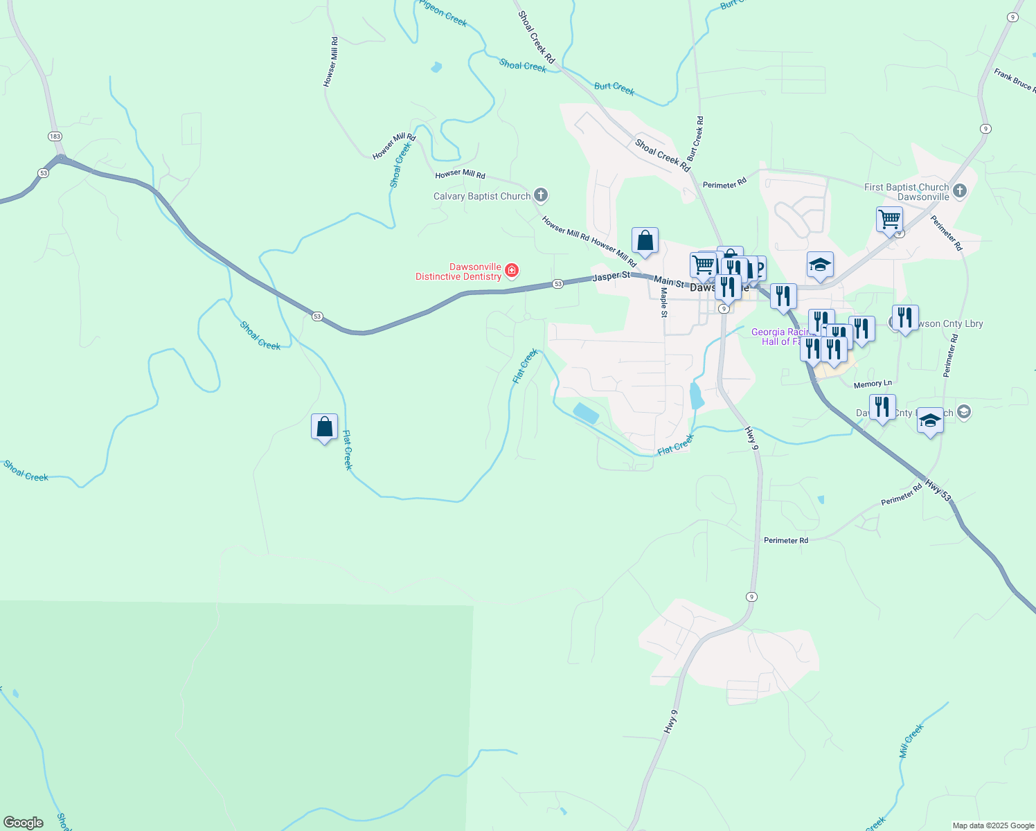 map of restaurants, bars, coffee shops, grocery stores, and more near 418 Brookstone Trail in Dawsonville