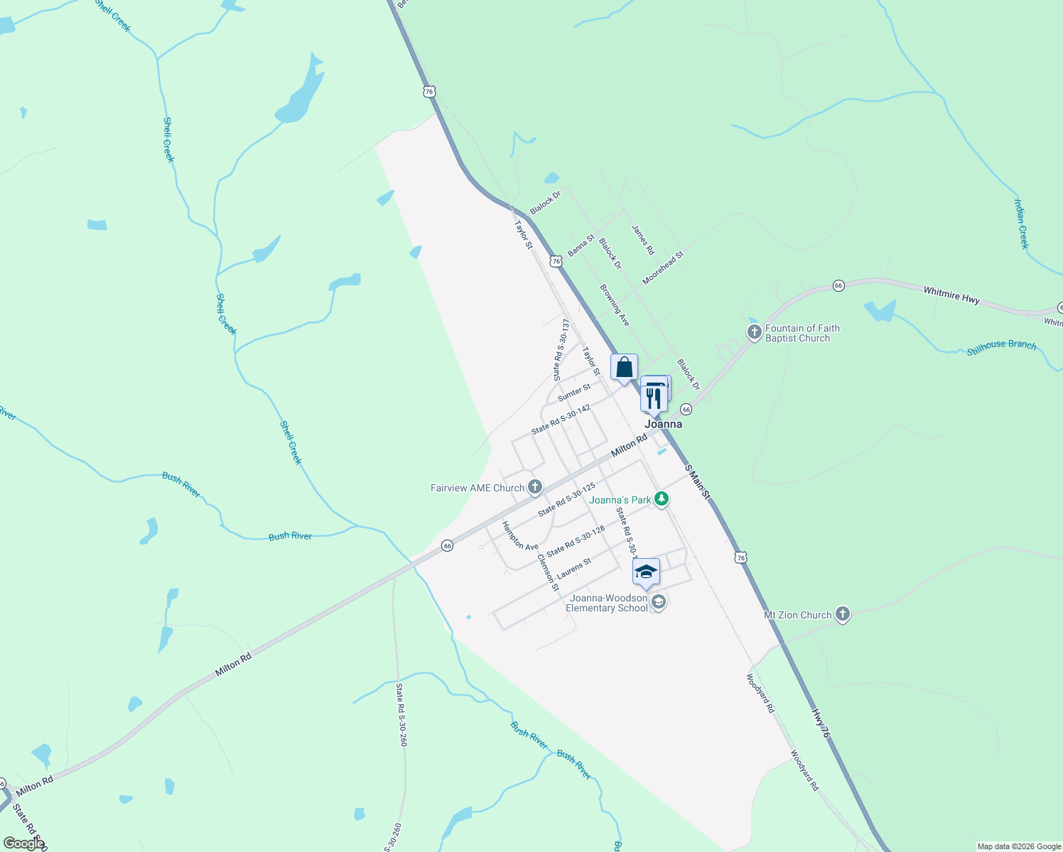 map of restaurants, bars, coffee shops, grocery stores, and more near 506 W Calhoun St in Joanna