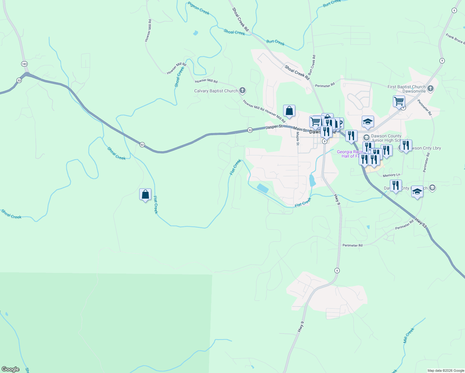 map of restaurants, bars, coffee shops, grocery stores, and more near 361 Flowing Trail in Dawsonville