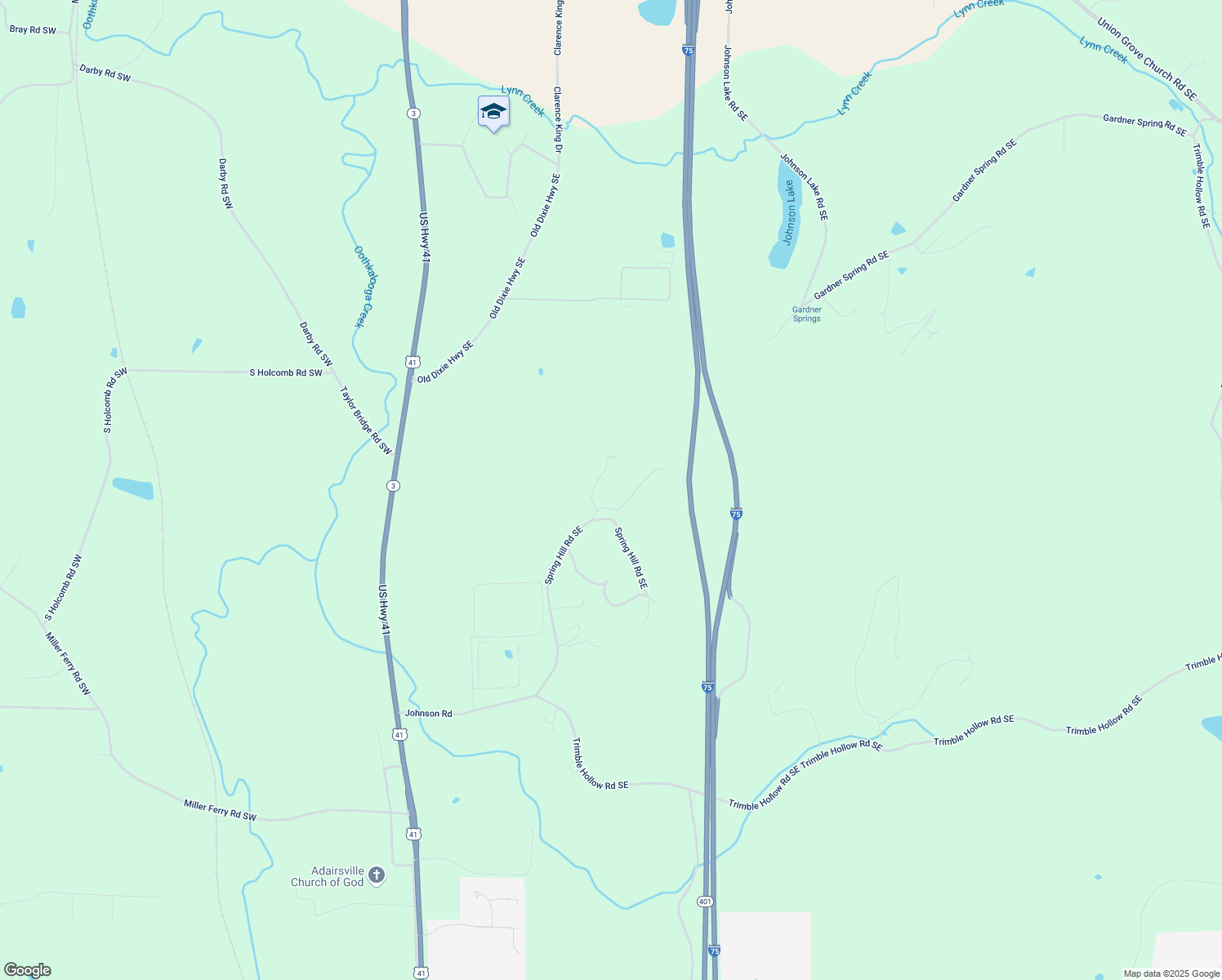 map of restaurants, bars, coffee shops, grocery stores, and more near 448 Spring Hill Road Southeast in Adairsville