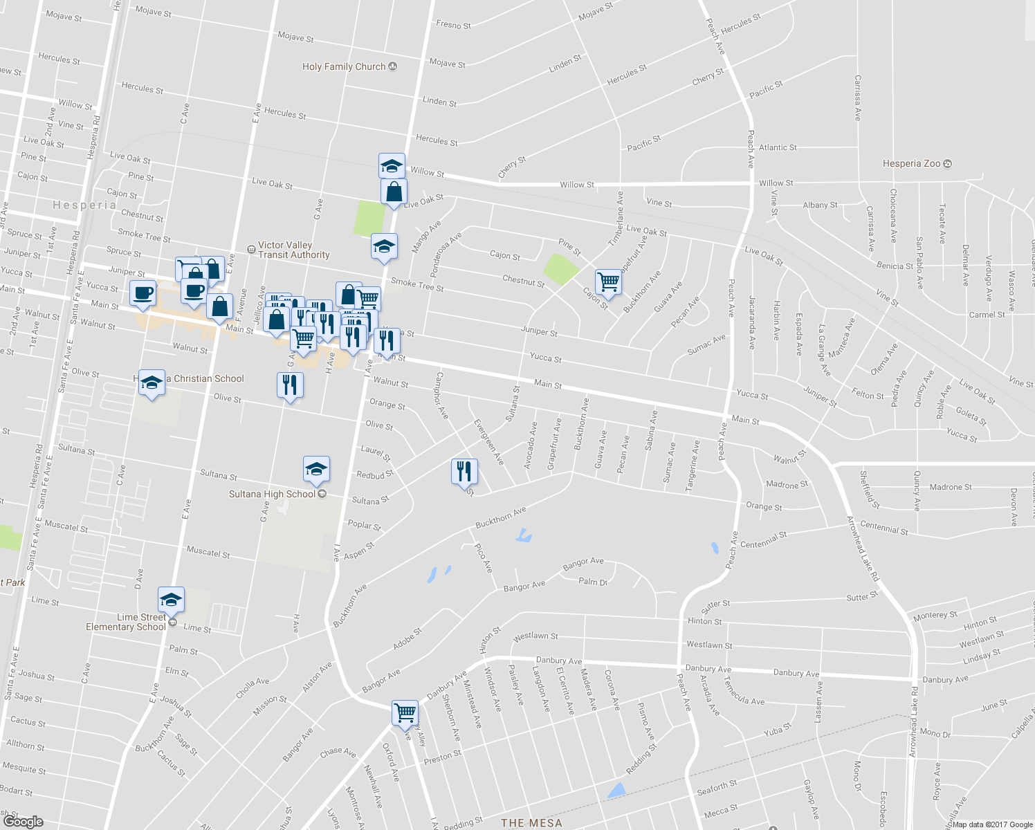 map of restaurants, bars, coffee shops, grocery stores, and more near 17829 Sultana Street in Hesperia